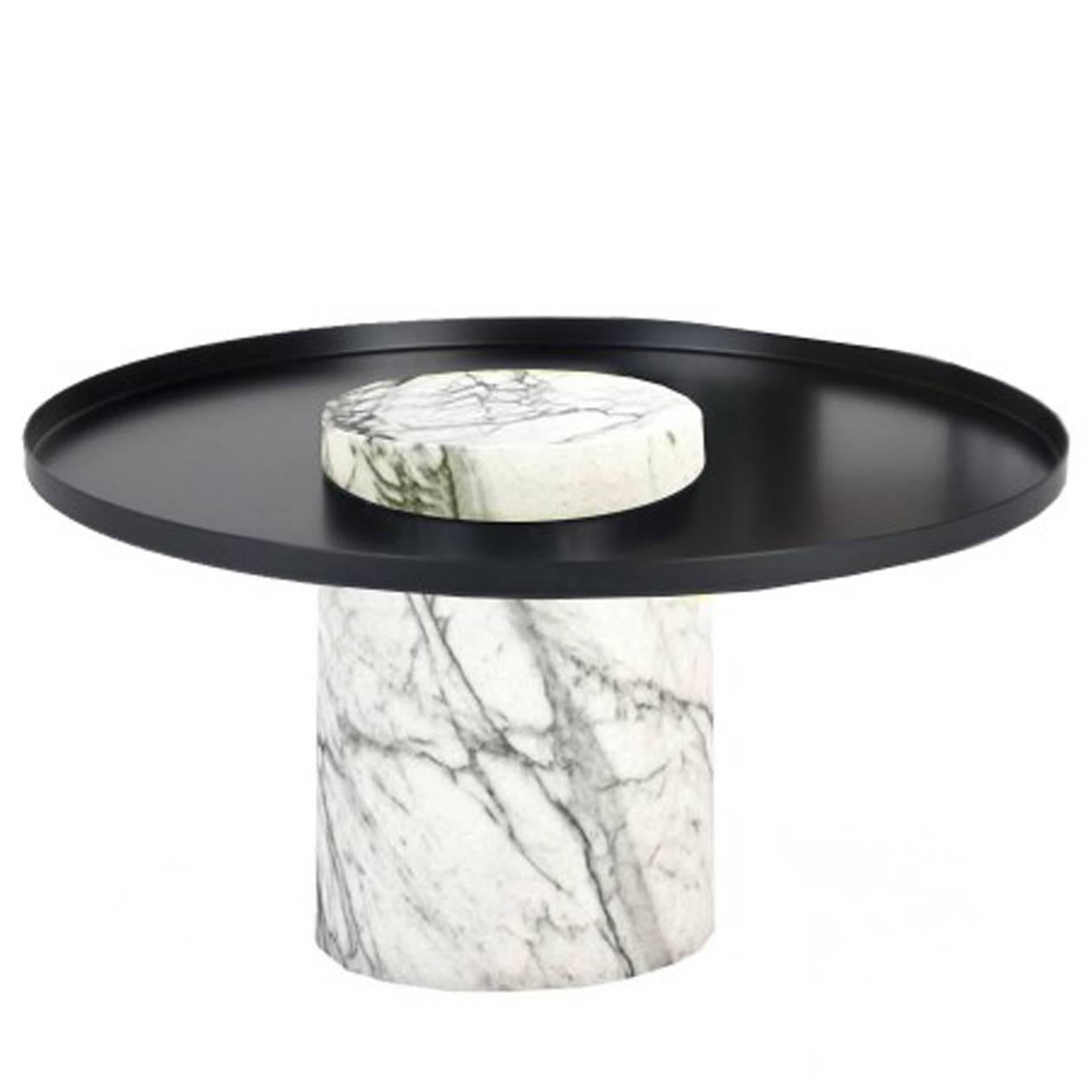 Low Salute Coffee Table, White Marble, Black Tray For Sale