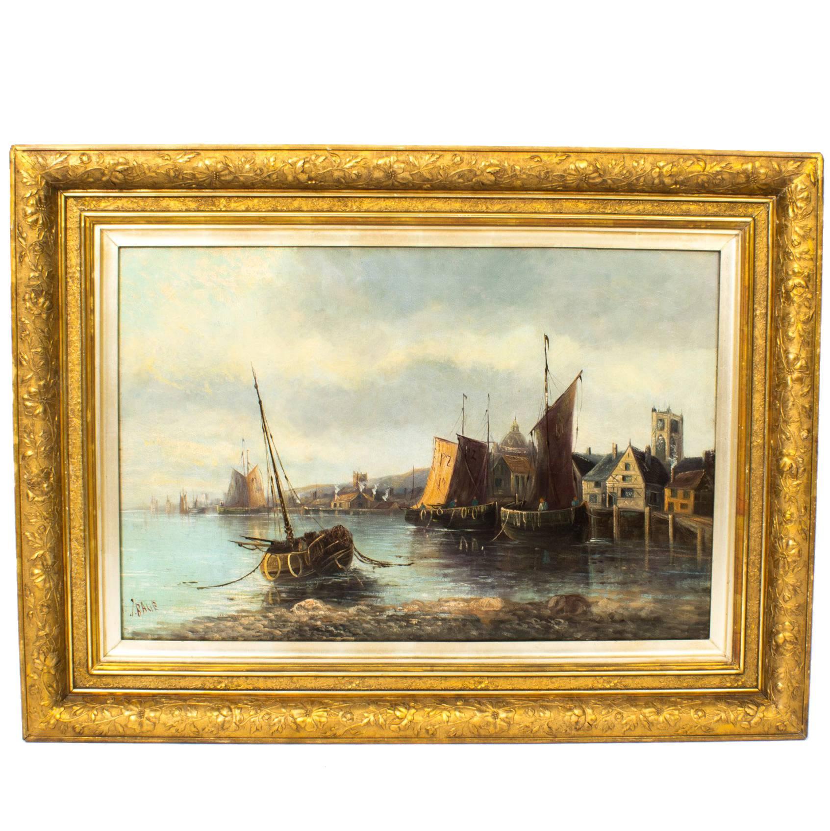 Antique Oil Painting Fishing Boats at Moorings, J.Balie, circa 1880
