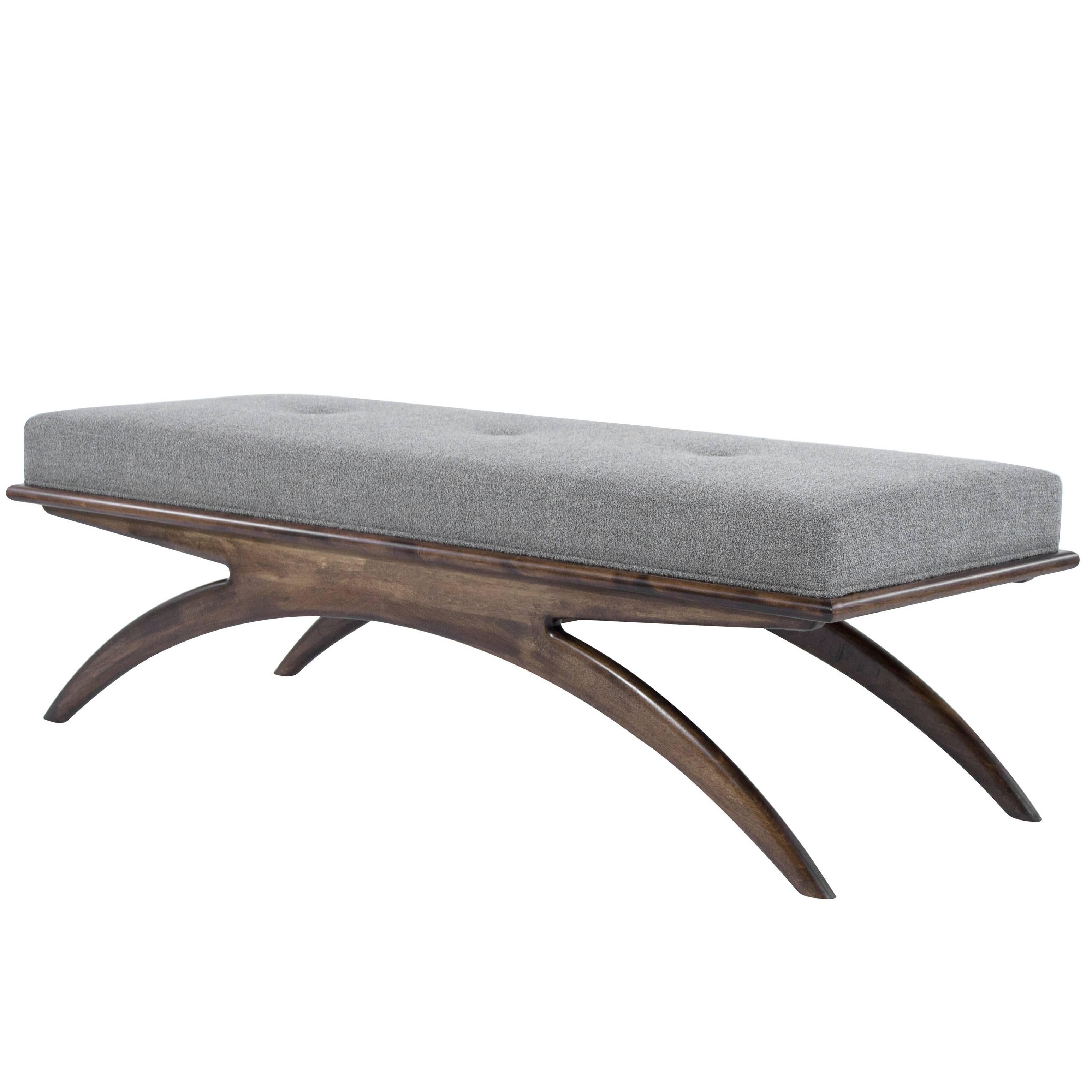 Walnut Convex Bench in Grey Boucle