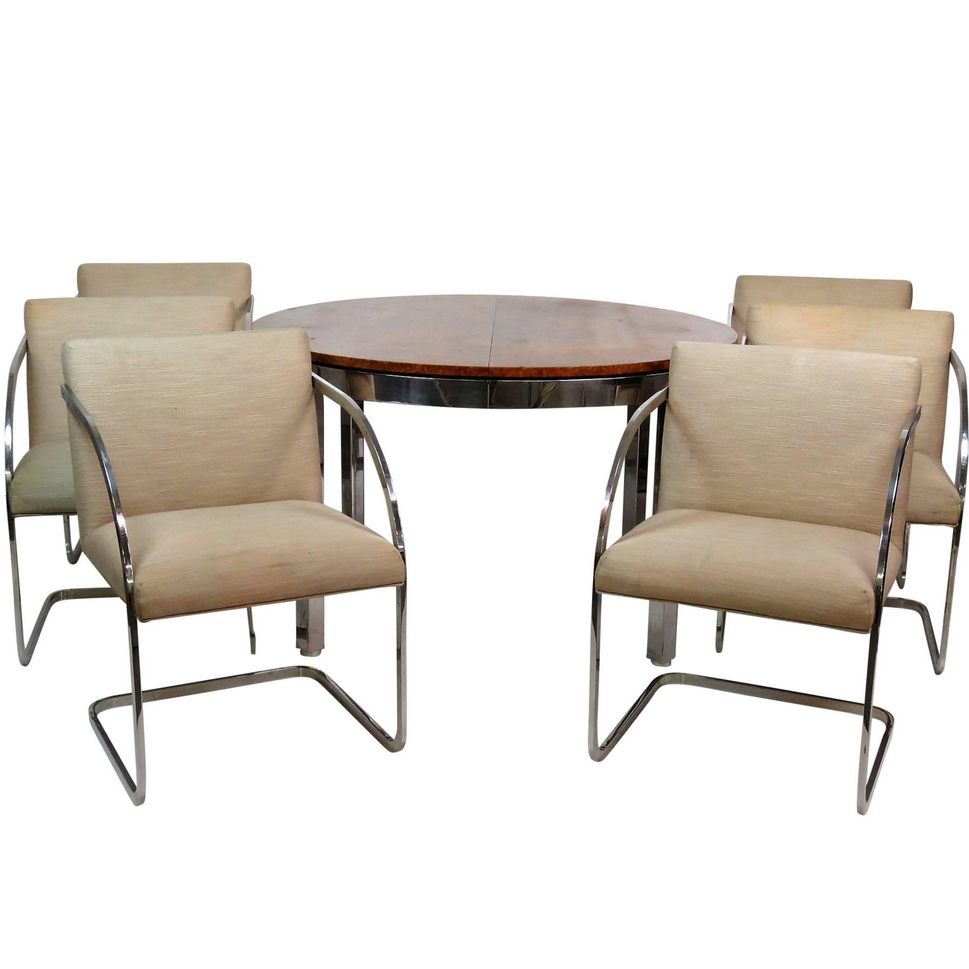 Milo Baughman Burl Walnut and Chrome Dining Set with Six Chairs