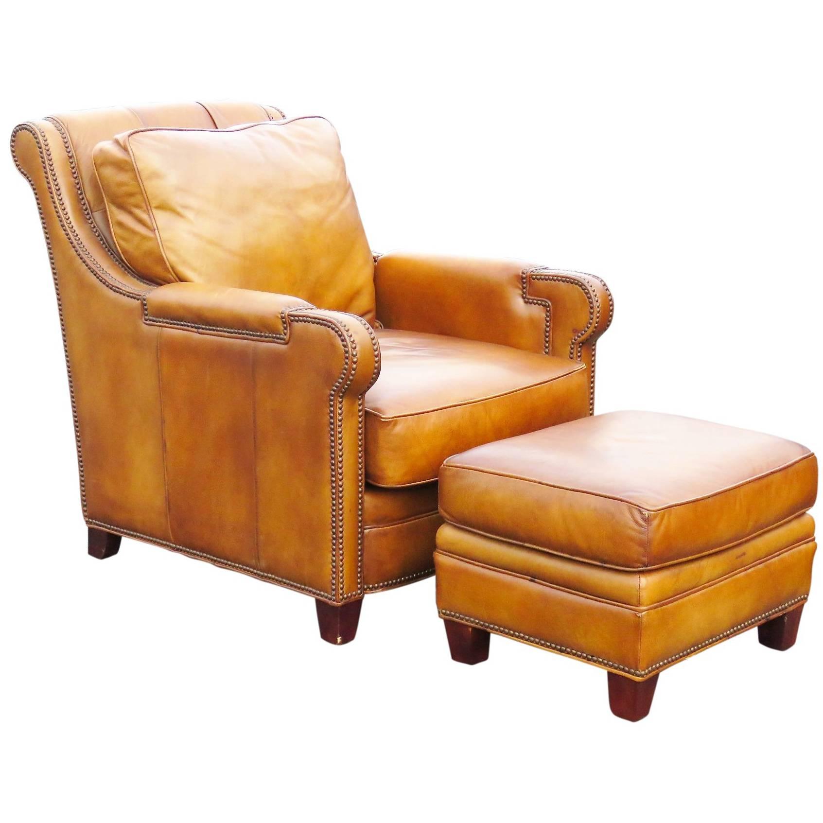 Distressed Brown Leather Lounge Chair and Ottoman