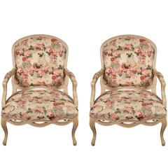 Vintage Pair of Kreiss Paint Decorated Fauteuils in Lee Jofa Pugs and Petals Fabric