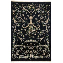 Vintage Indian Rug with Black Field and Modern Aubusson Style