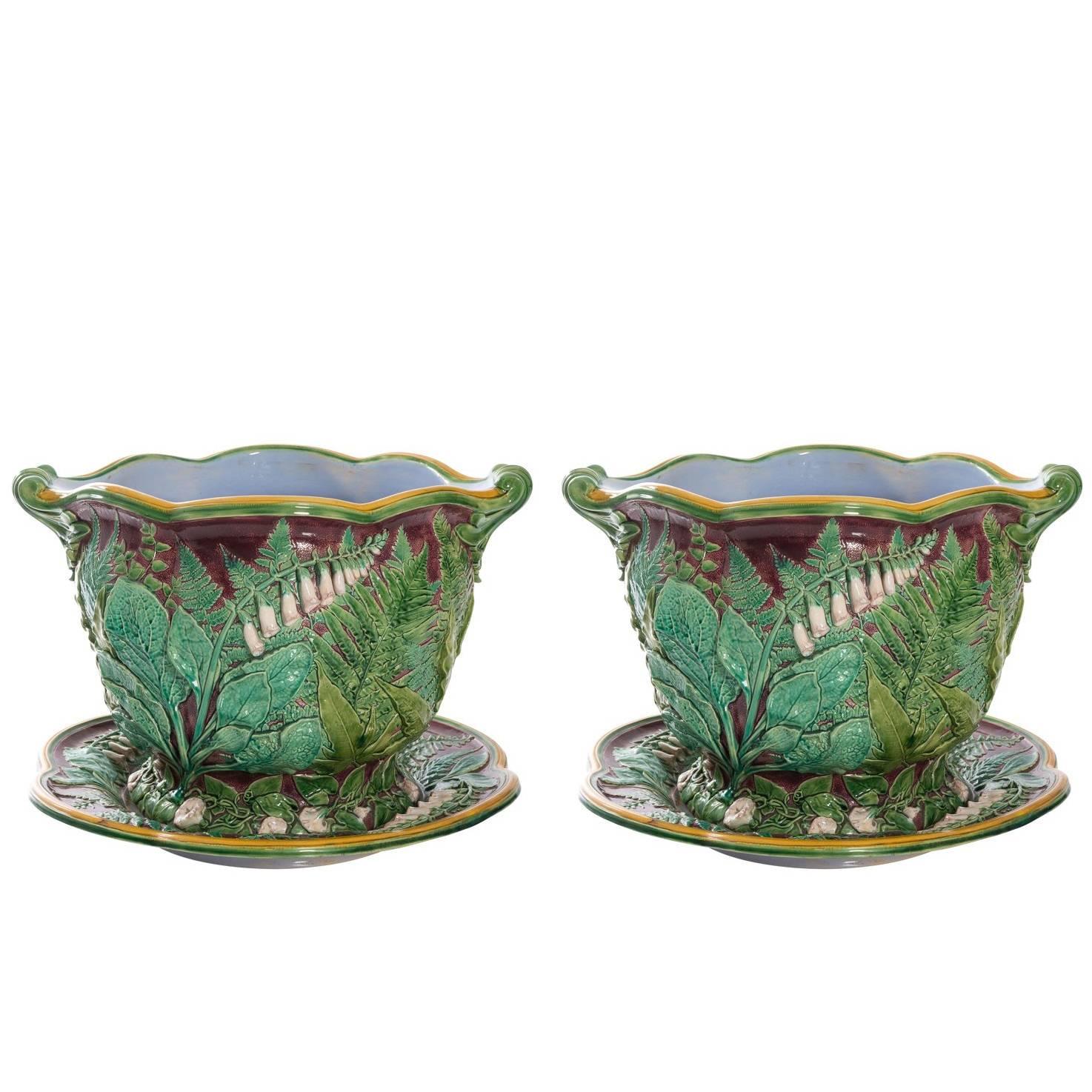 Minton Majolica Cache Pots and Saucers