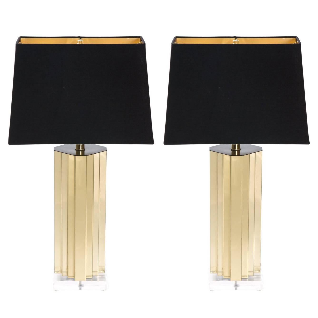 Brass and Lucite Skyscraper Table Lamps For Sale