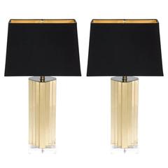 Brass and Lucite Skyscraper Table Lamps