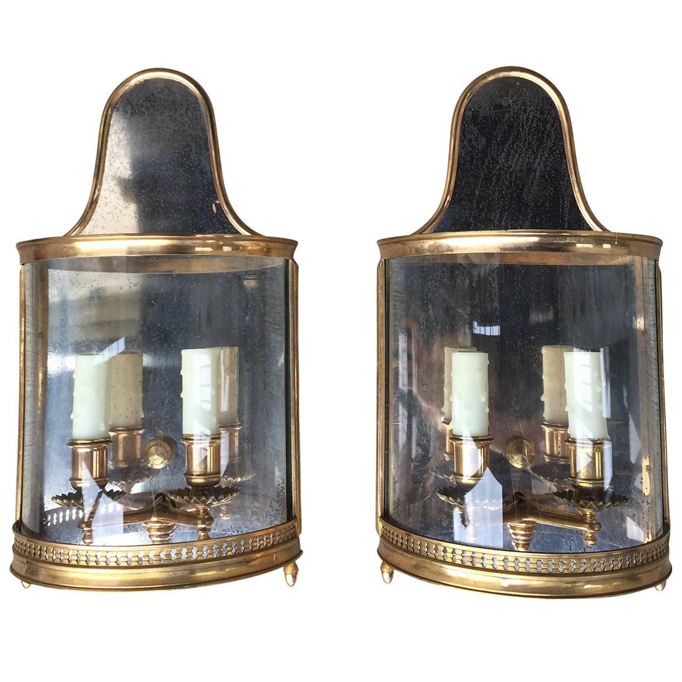 Pair of 20th Century Gilt Bronze Regency Style Sconces, Mirrored Back