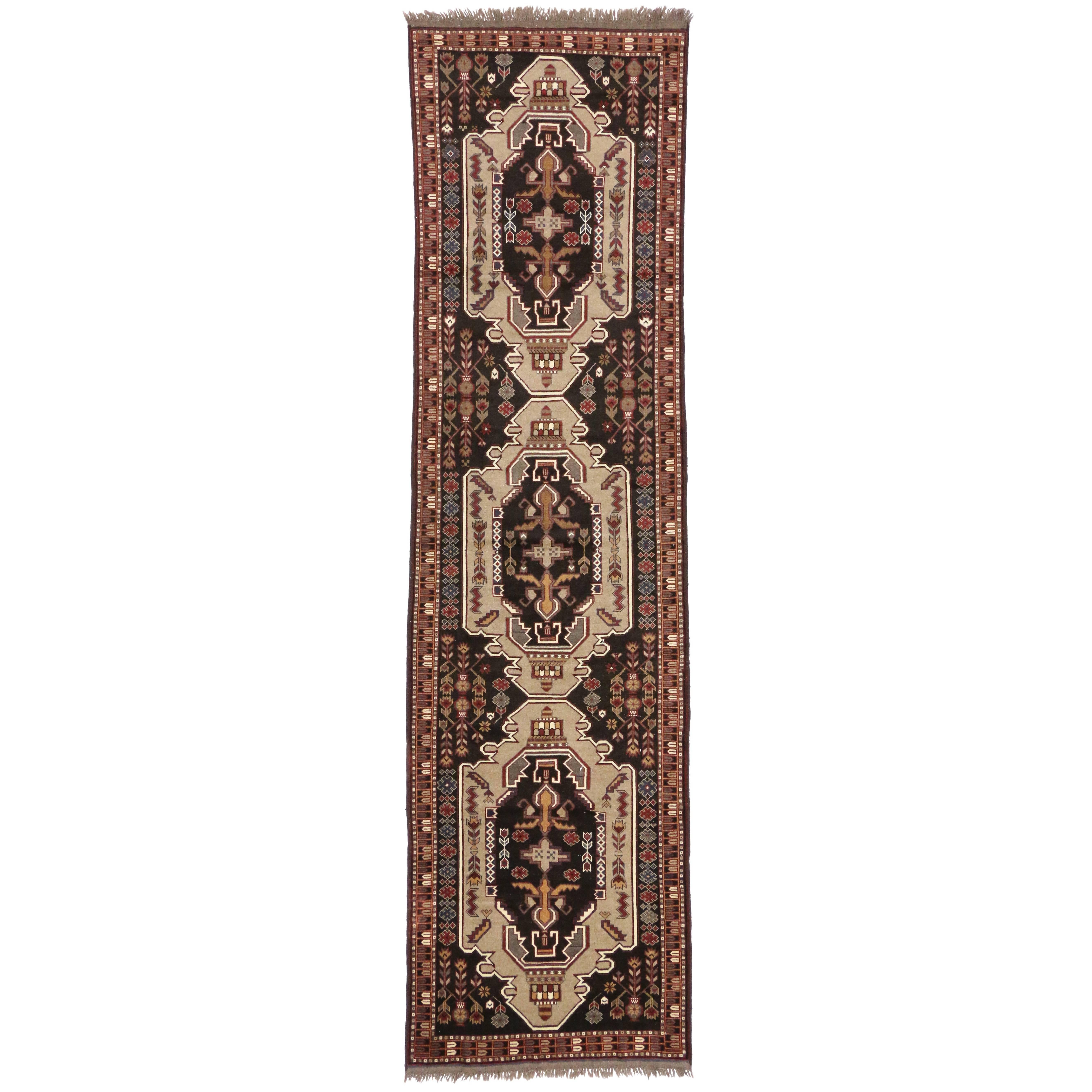 Vintage Afghani Hallway Runner with Tribal Vibes and Mid-Century Modern Style For Sale