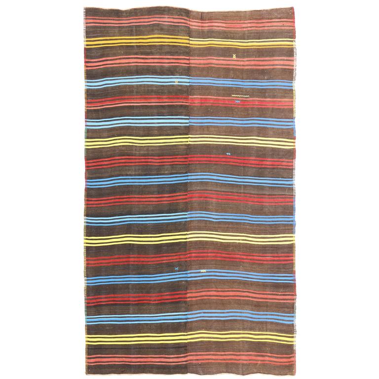 Vintage Turkish FlatWeave Kilim Rug with Red, Blue and Yellow Stripes