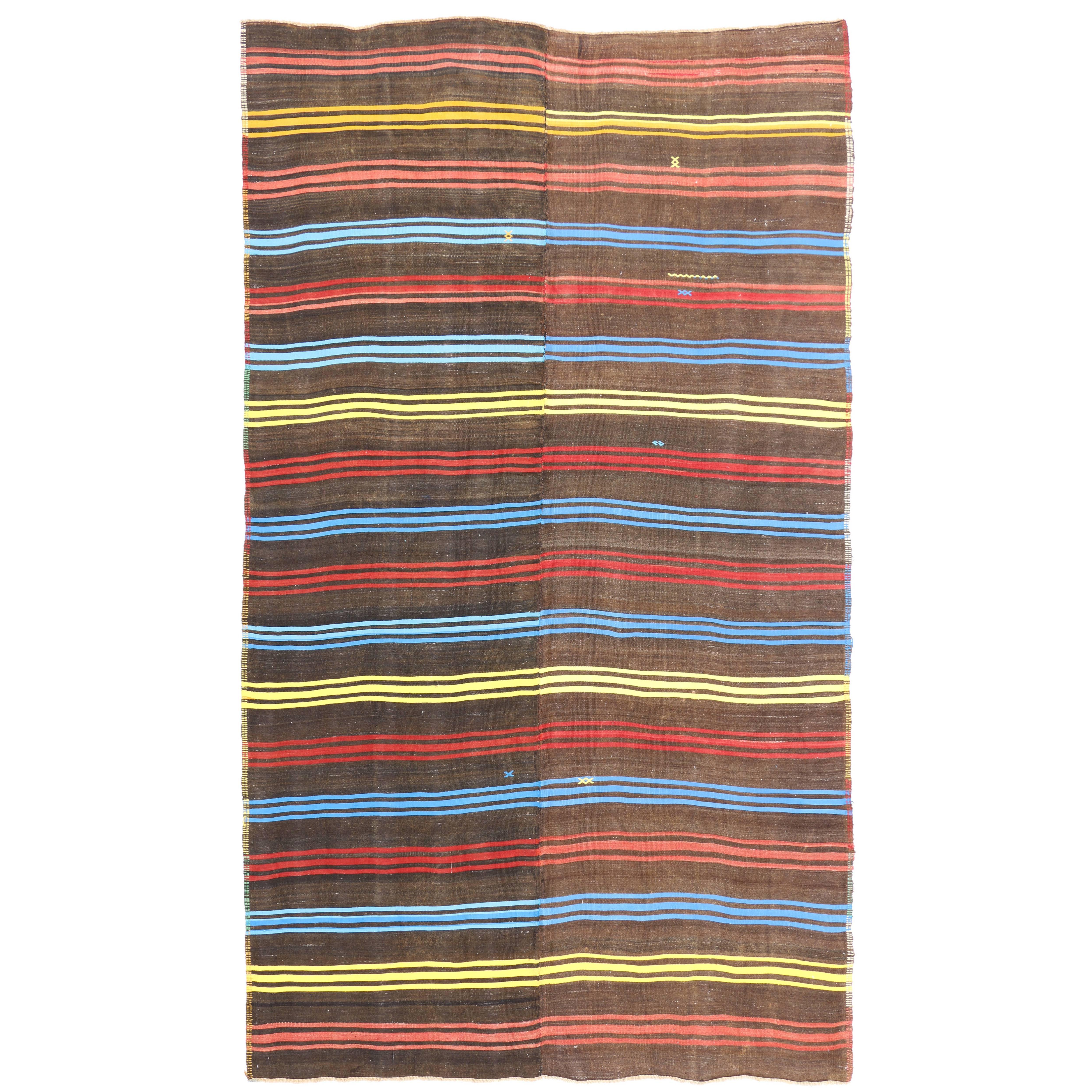 Vintage Turkish Kilim Rug with Colorful Bayadere Stripes with Modern Cabin Style