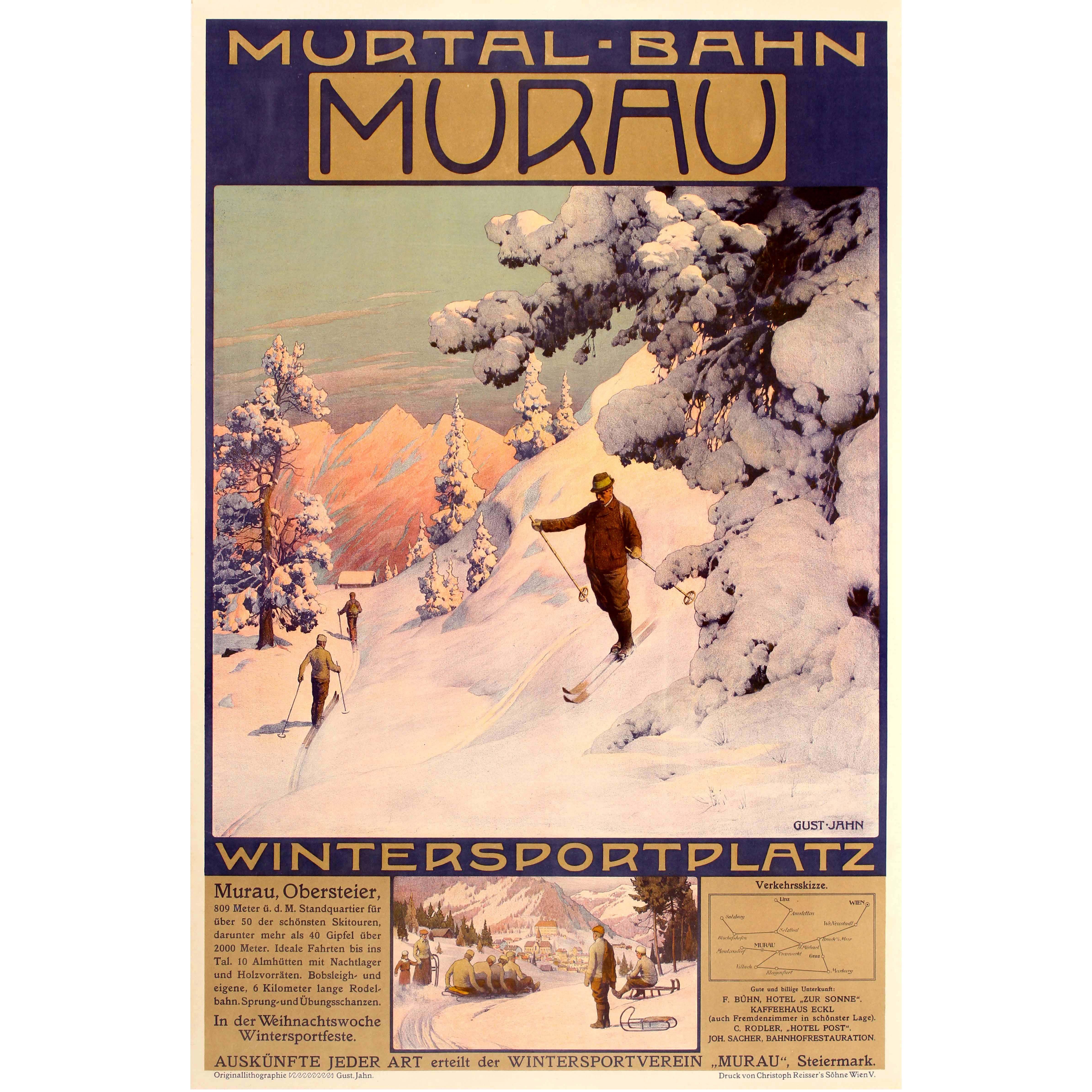 Original Murtal Bahn Travel Poster for Skiing and Winter Sports in Murau Austria