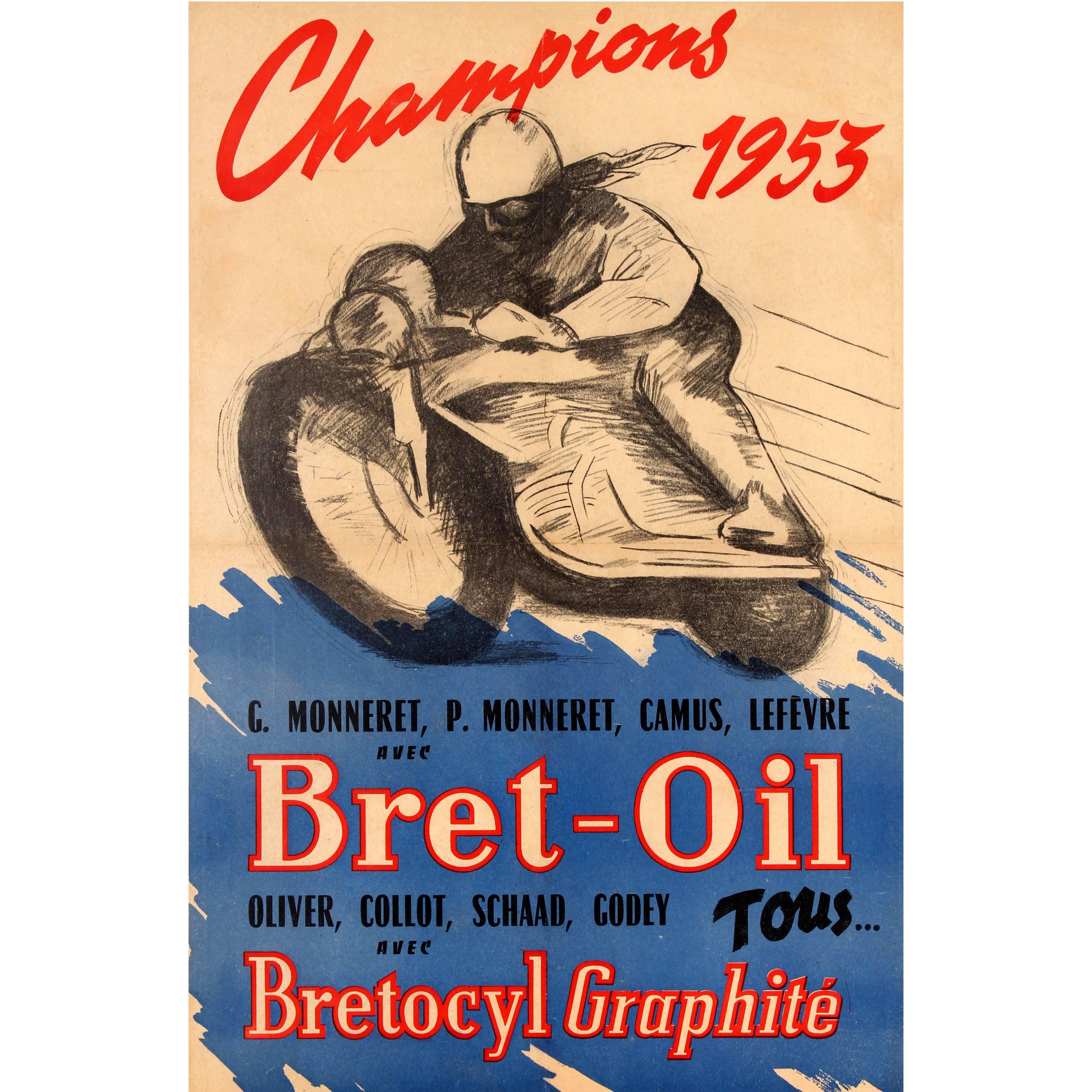 Original Vintage Bret Oil Motor Racing Sport Poster - Motorcycle Champions 1953 For Sale