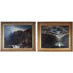 Antique Two Paintings of the Mountains Surrounding Lake Vilalpsee 'Tirol' at Nightfal