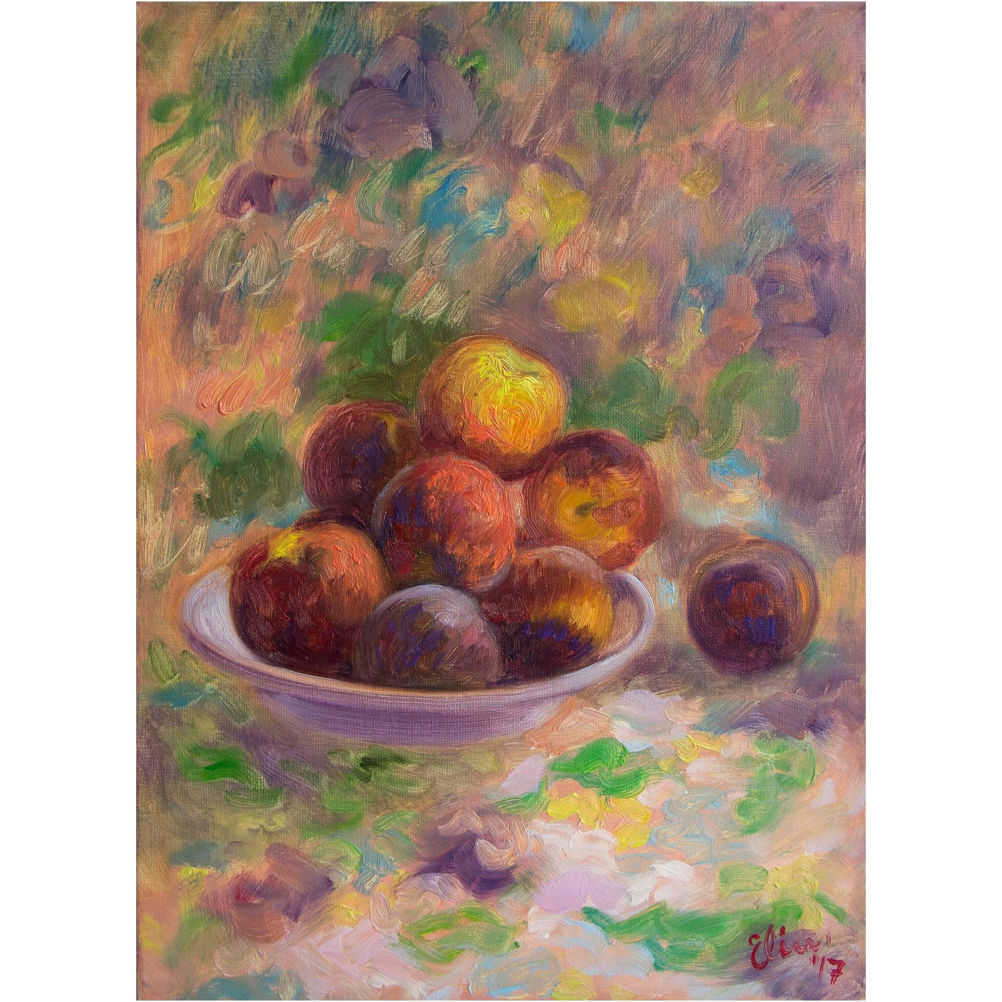 "Still Life with Peaches", Original Oil on Canvas, Impressionist Painting, 2017 For Sale