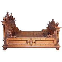 19th Century Italian Carved Walnut Inlaid Bed