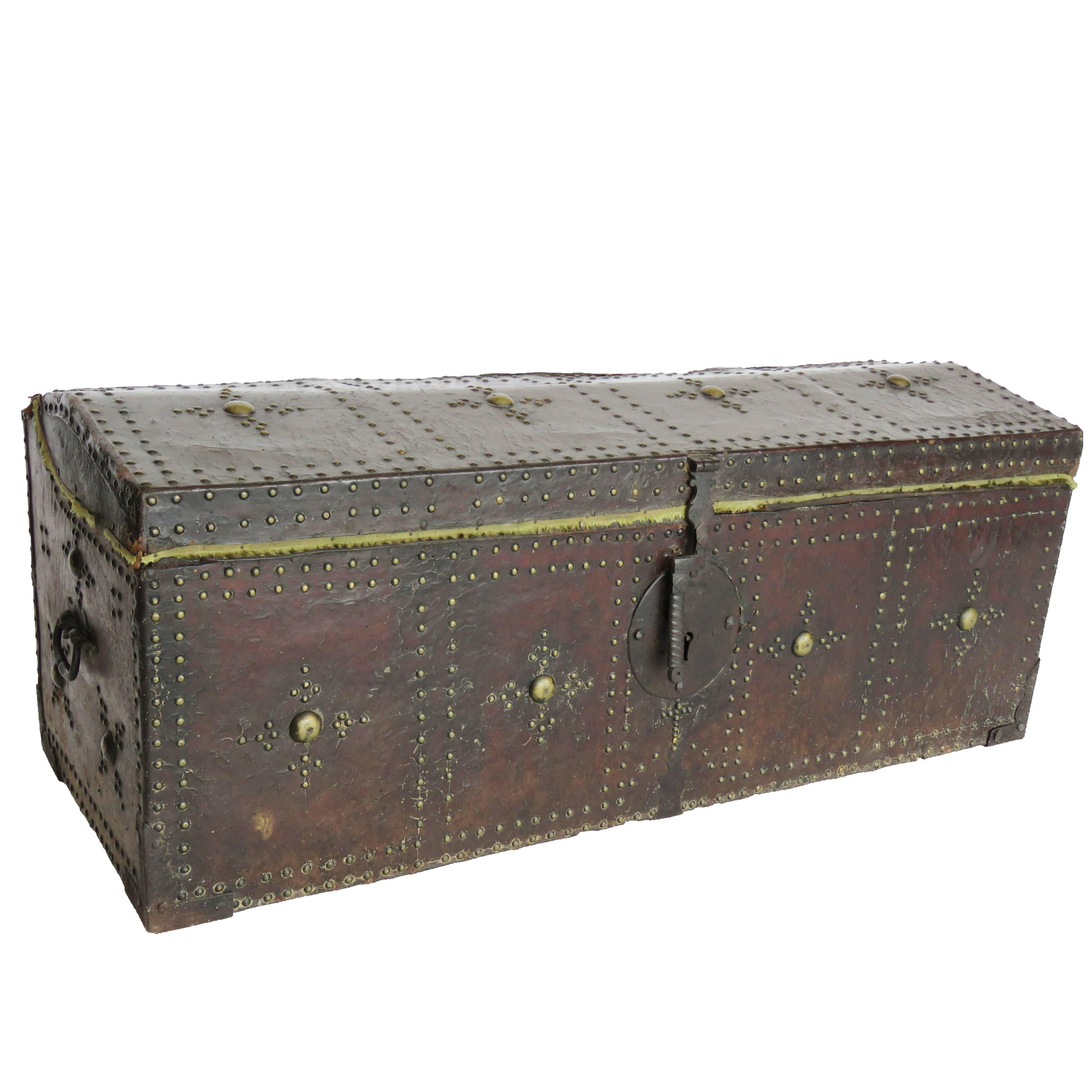 18th Century Spanish Leather Mounted Coffer Trunk For Sale