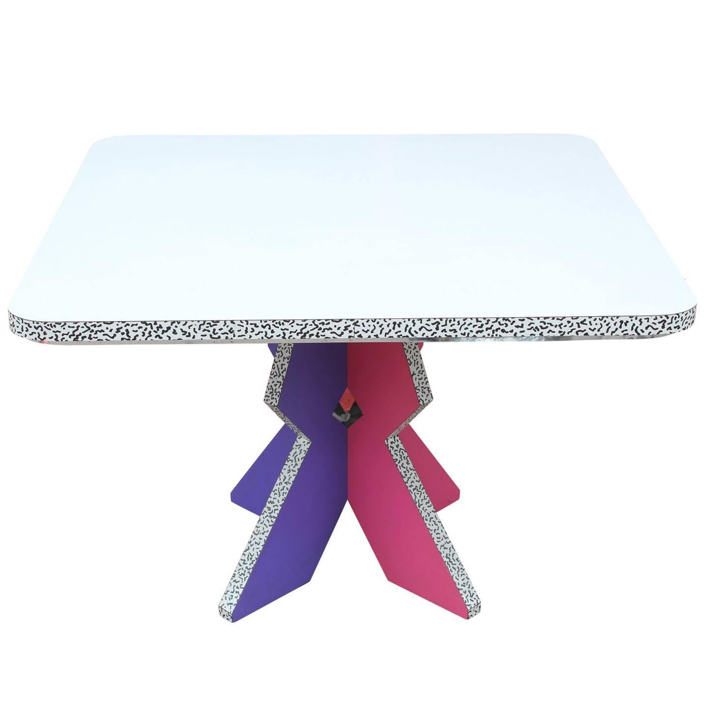 Modern Ettore Sottsass Style Square Memphis Table with Pink and Purple Legs