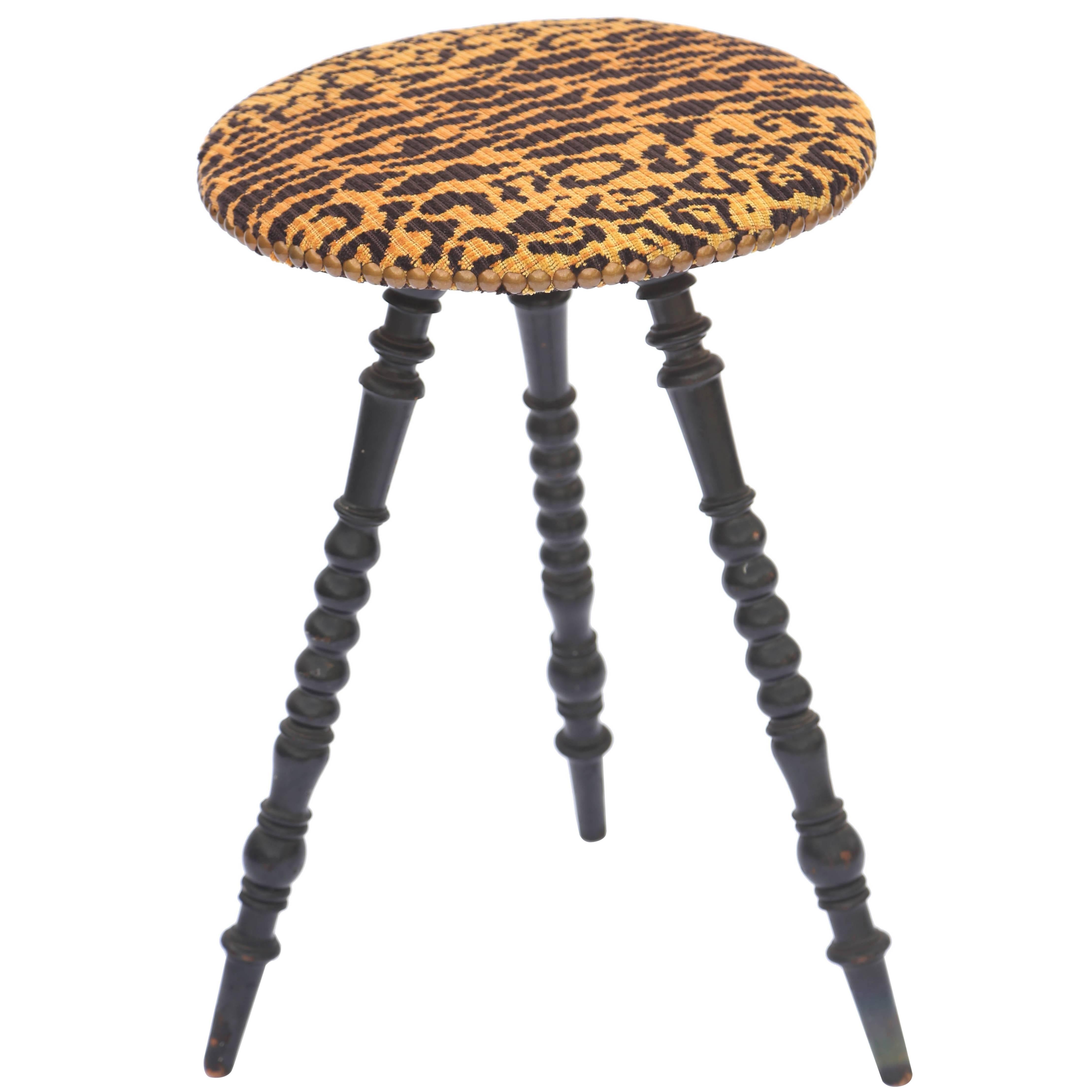 Victorian Turned Leg Tripod Table with Upholstered Round Top in Leopard For Sale