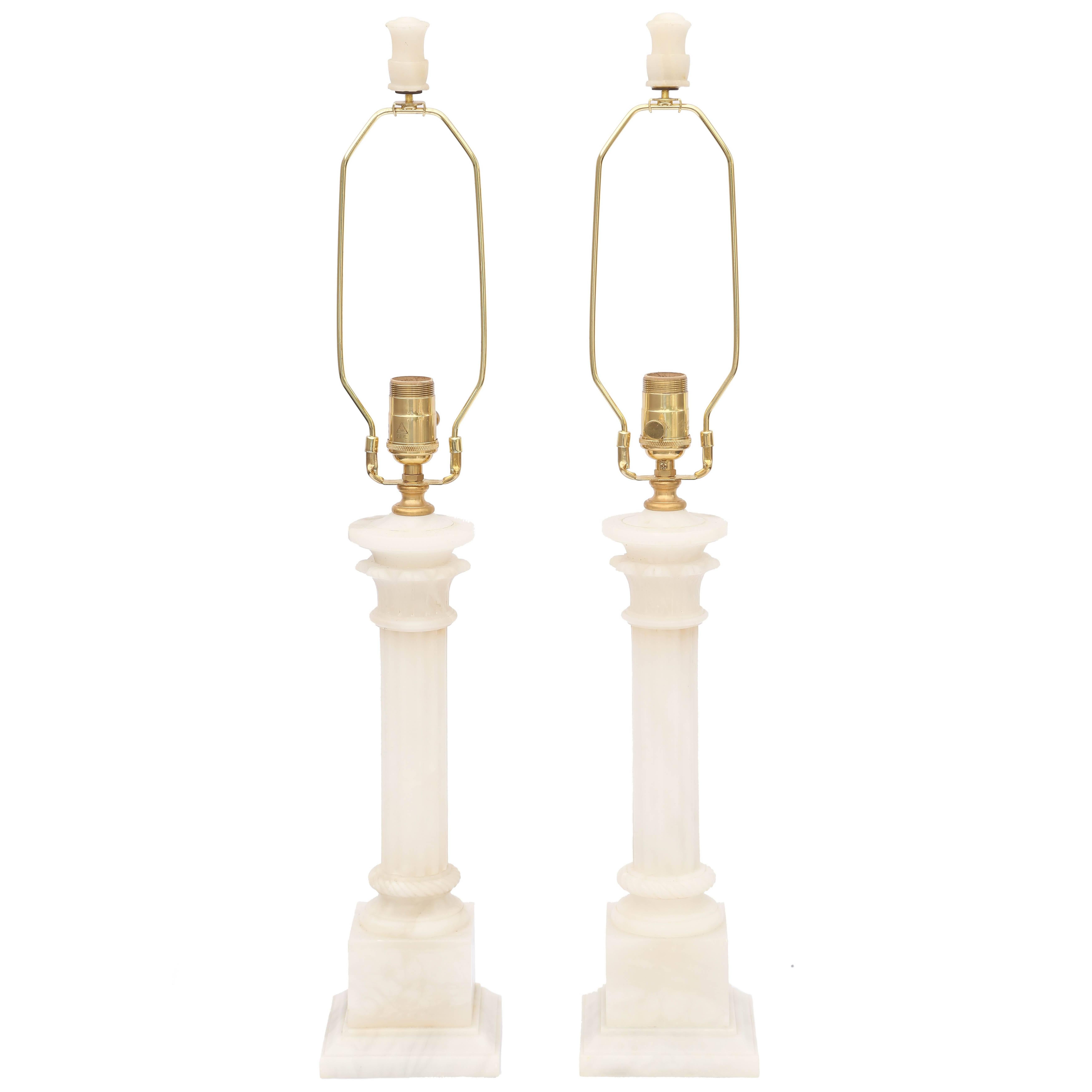 Pair of Alabaster Columnar Lamps