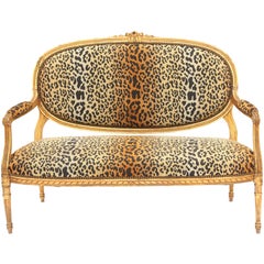 Carved Giltwood Louis XVI Settee, Upholstered in Leopard