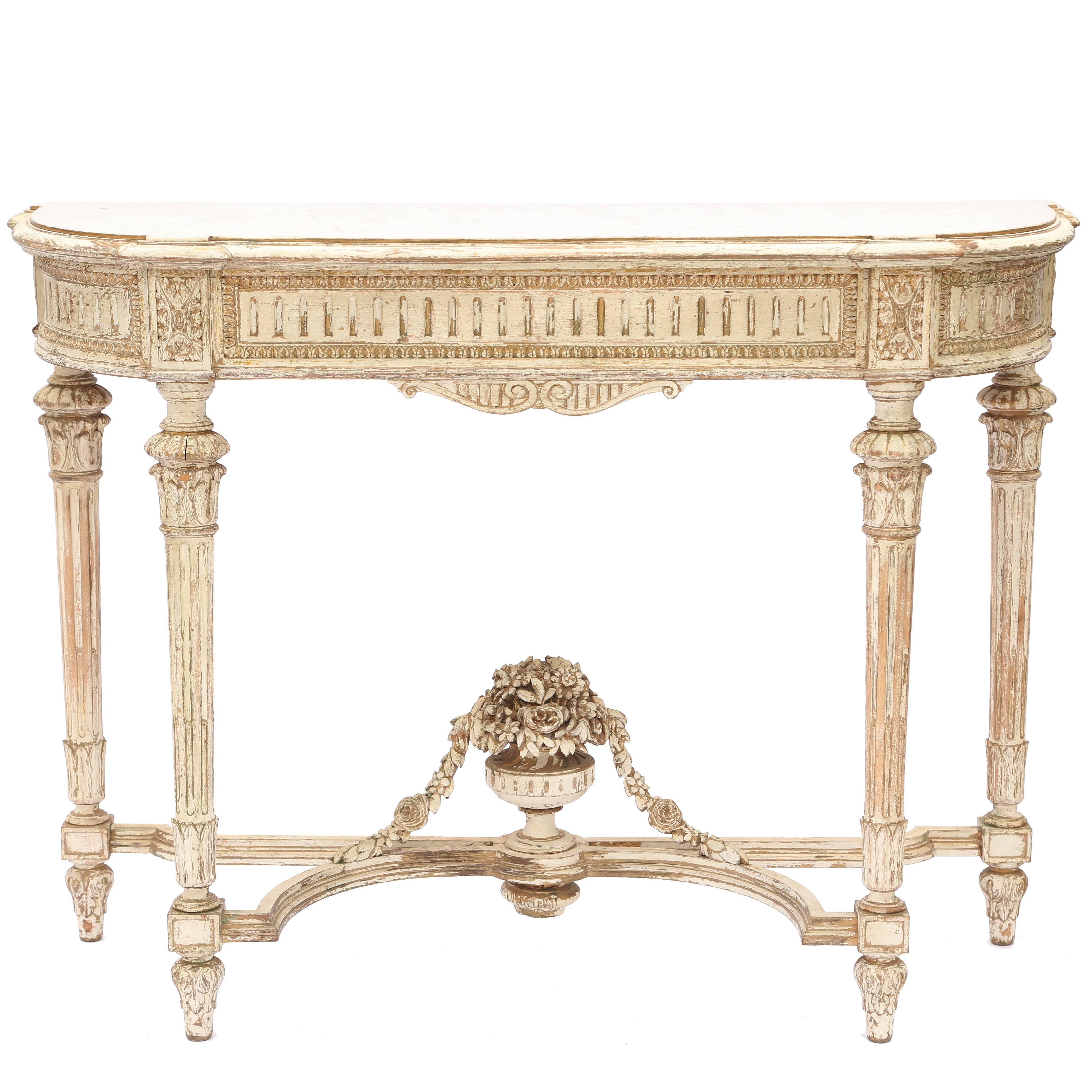 19th Century Louis XVI Demilune Console Table with White Marble Top