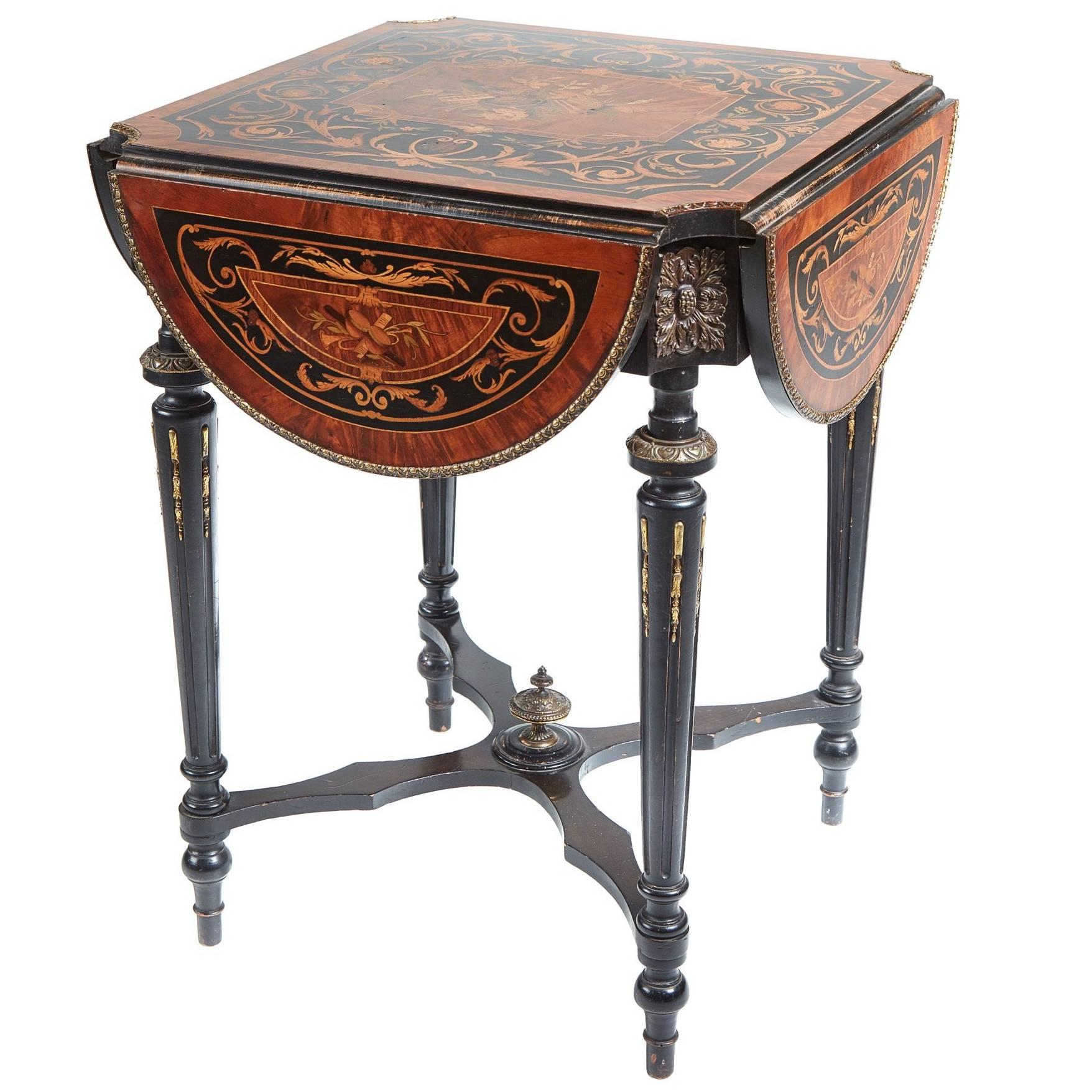 Fine French Marquetry Drop Leaf Table For Sale