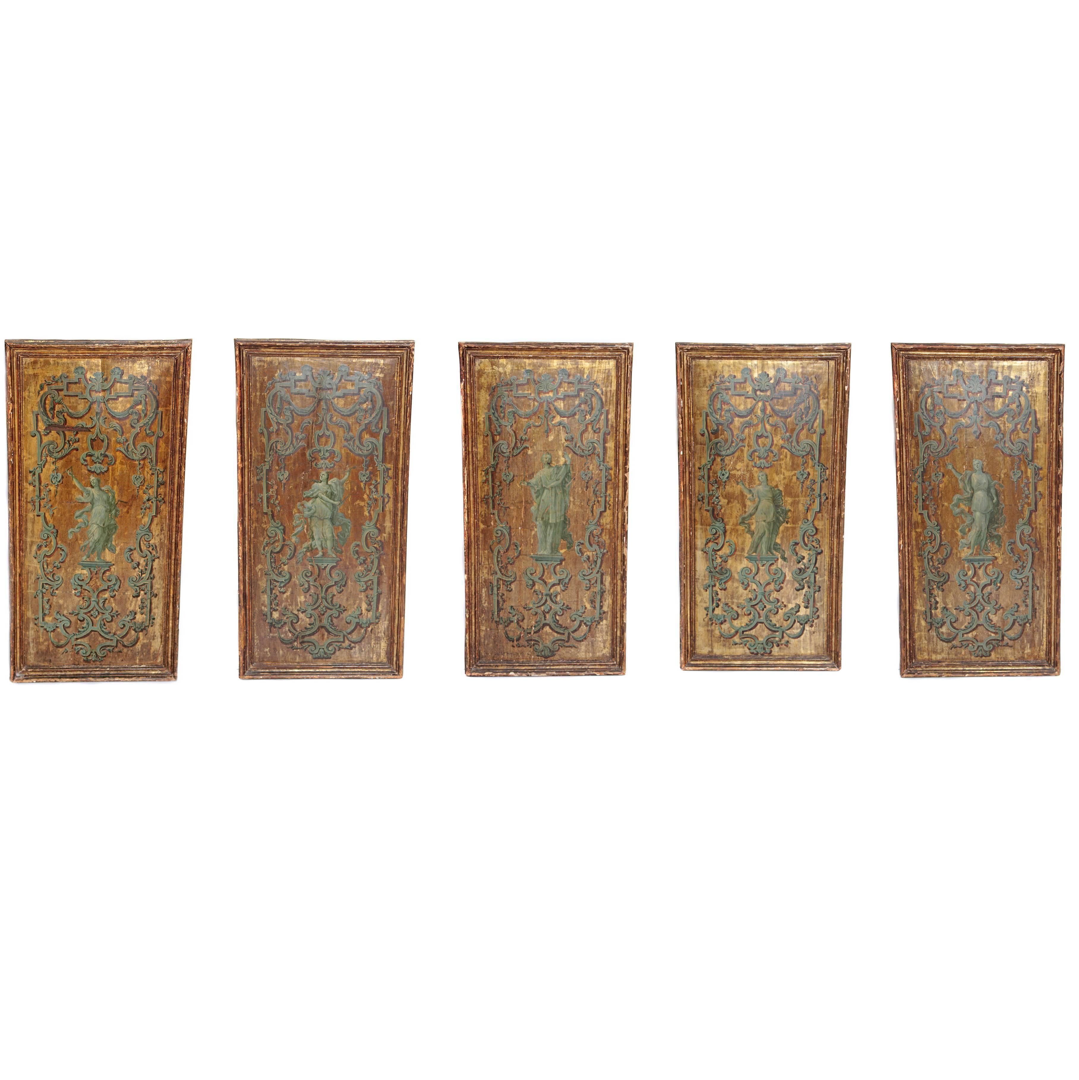 Italian Neoclassical Paint and Parcel Gilt Panels / Roman Goddesses / Muses For Sale
