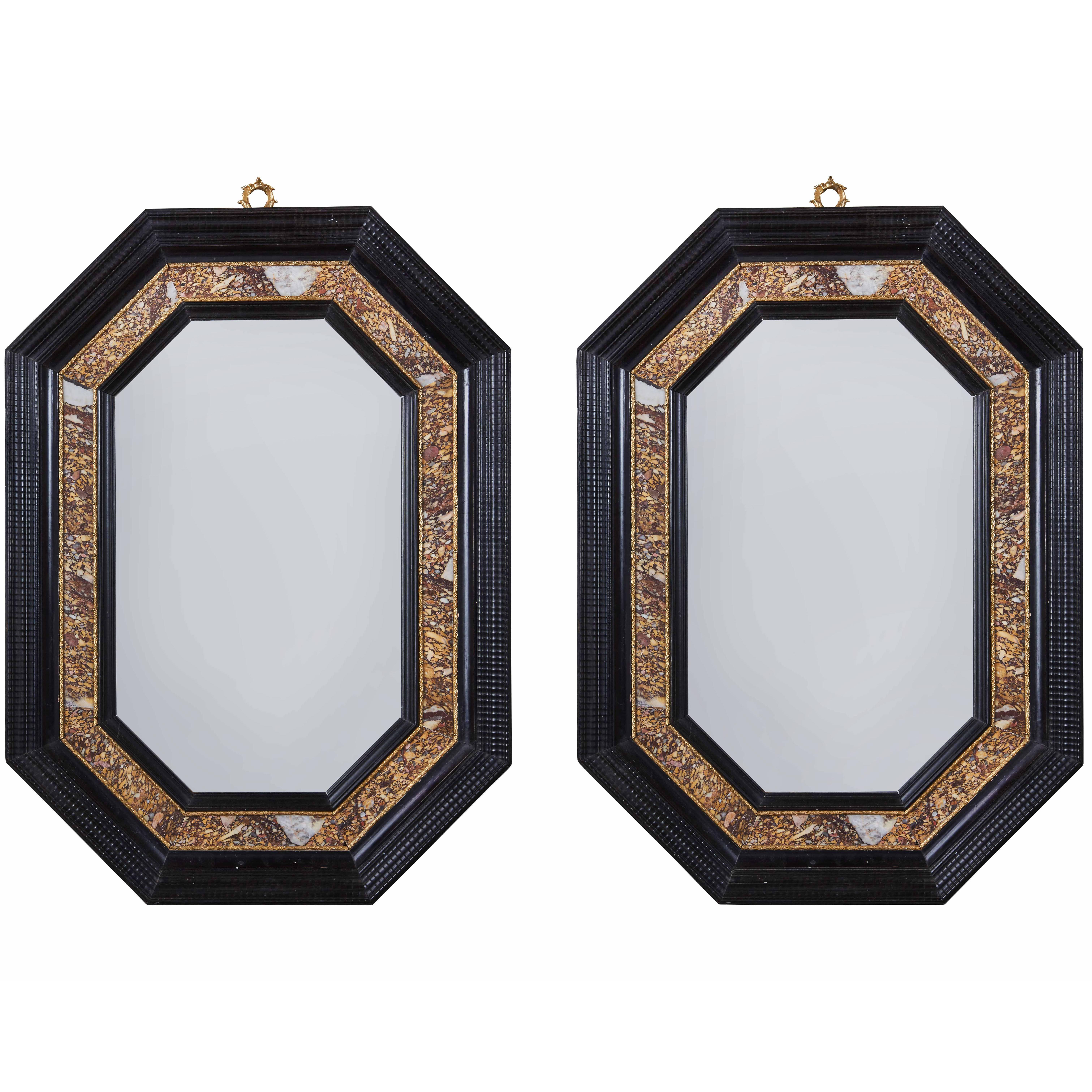 Handsome Pair of Marble Inlaid, Italian Mirrors