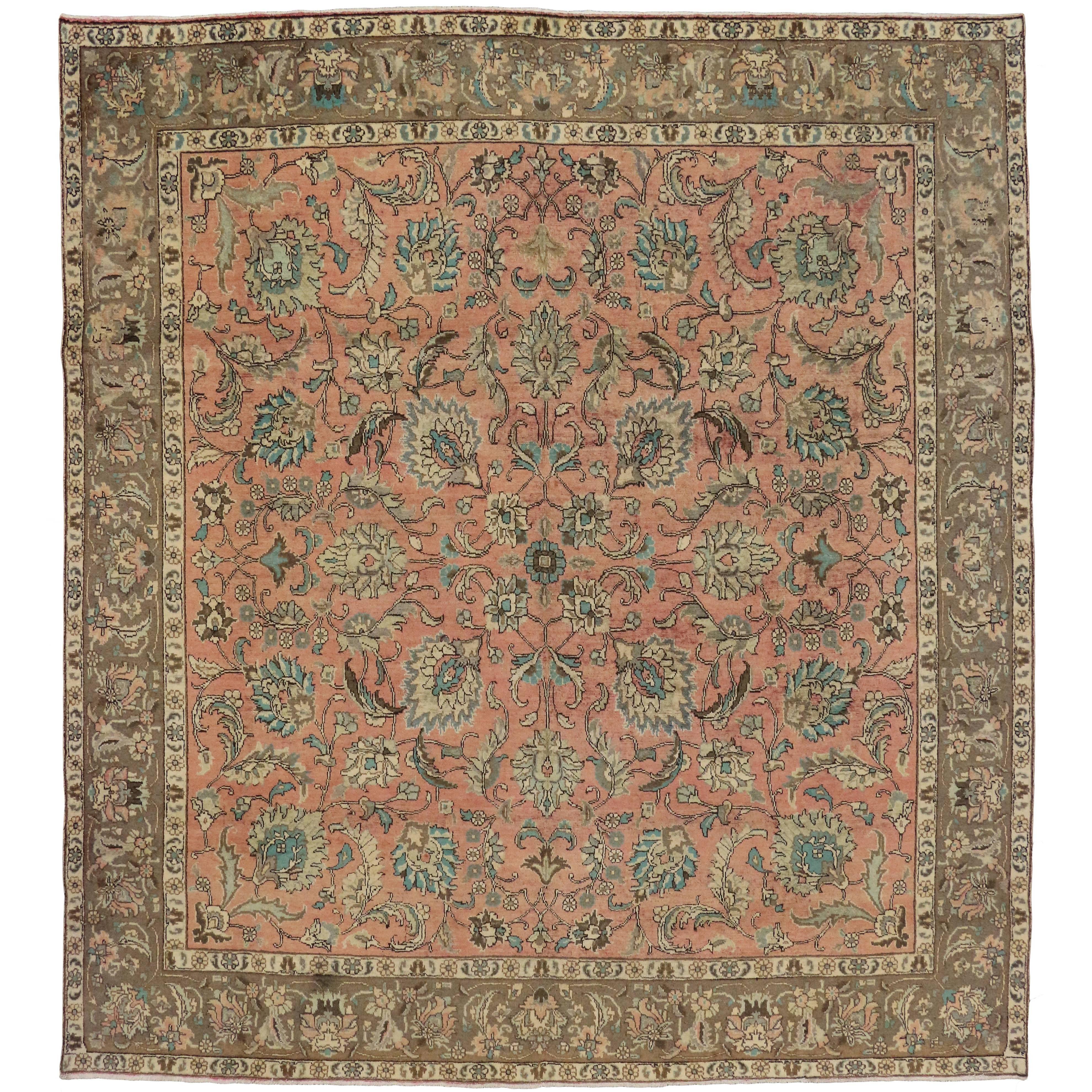 Vintage Persian Tabriz Rug with Traditional Style in Light Colors, Square Rug