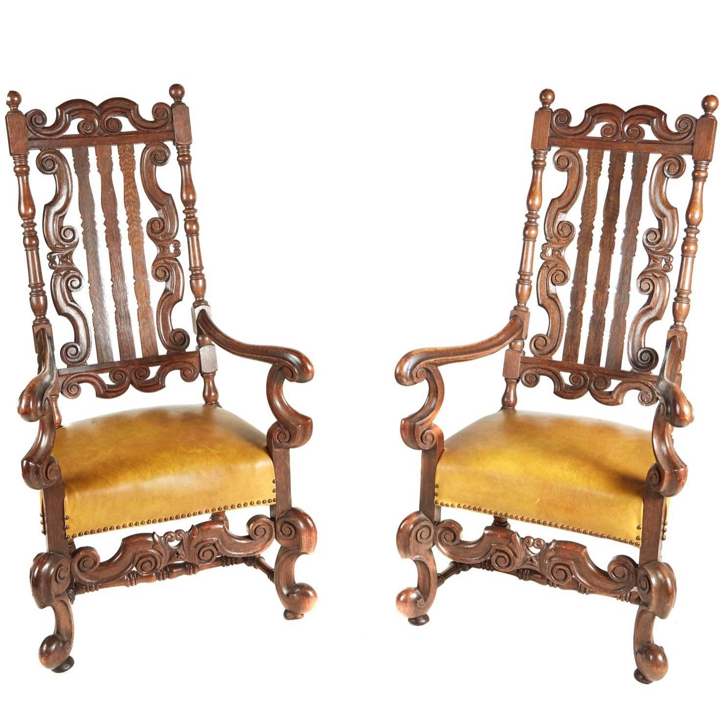 Large Pair of Charles II Style Oak Armchairs For Sale