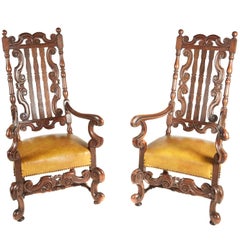 Large Pair of Charles II Style Oak Armchairs