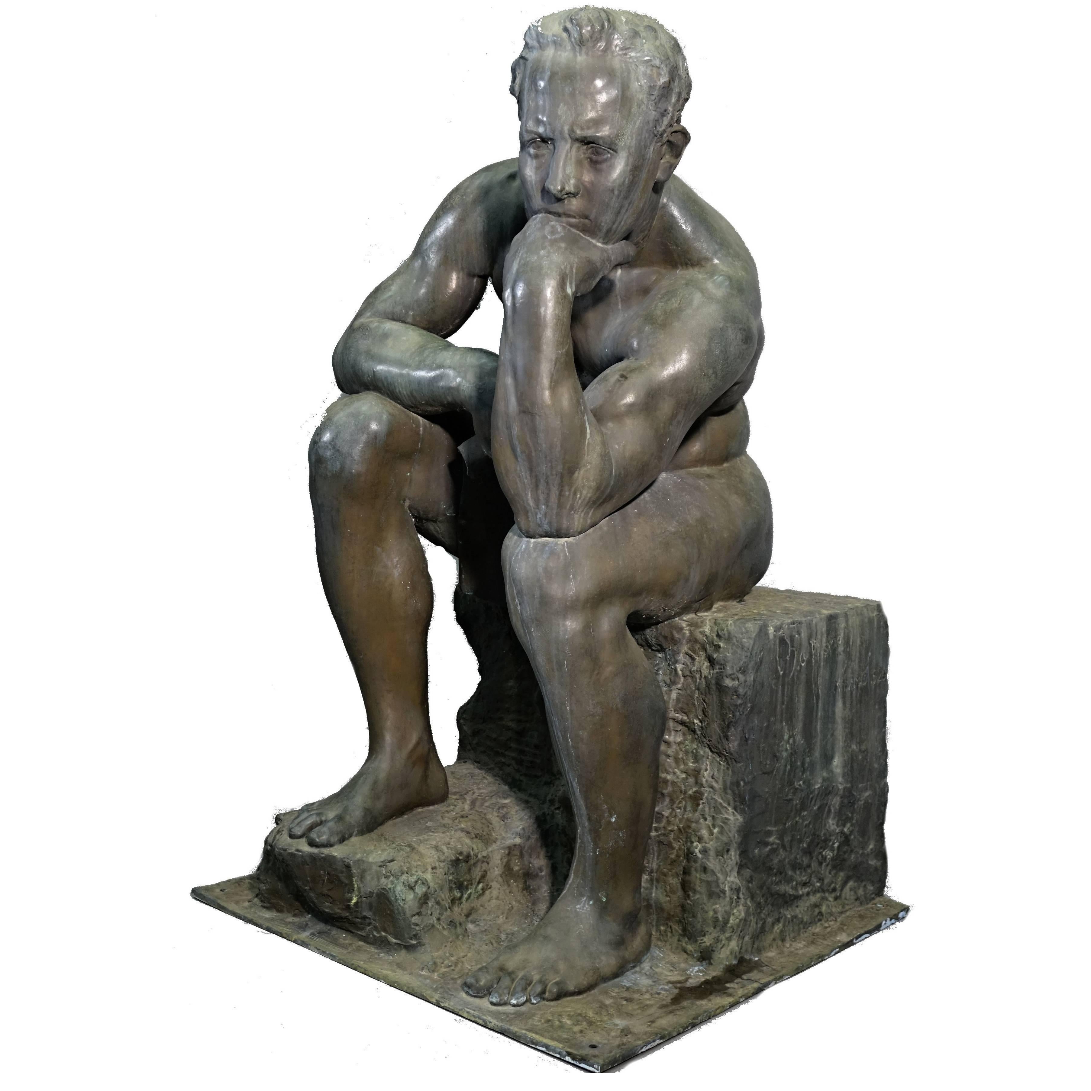 "The Thinker" Huge Bronze Sculpture by Ernesto Bazzaro, 1926, Milan Italy For Sale