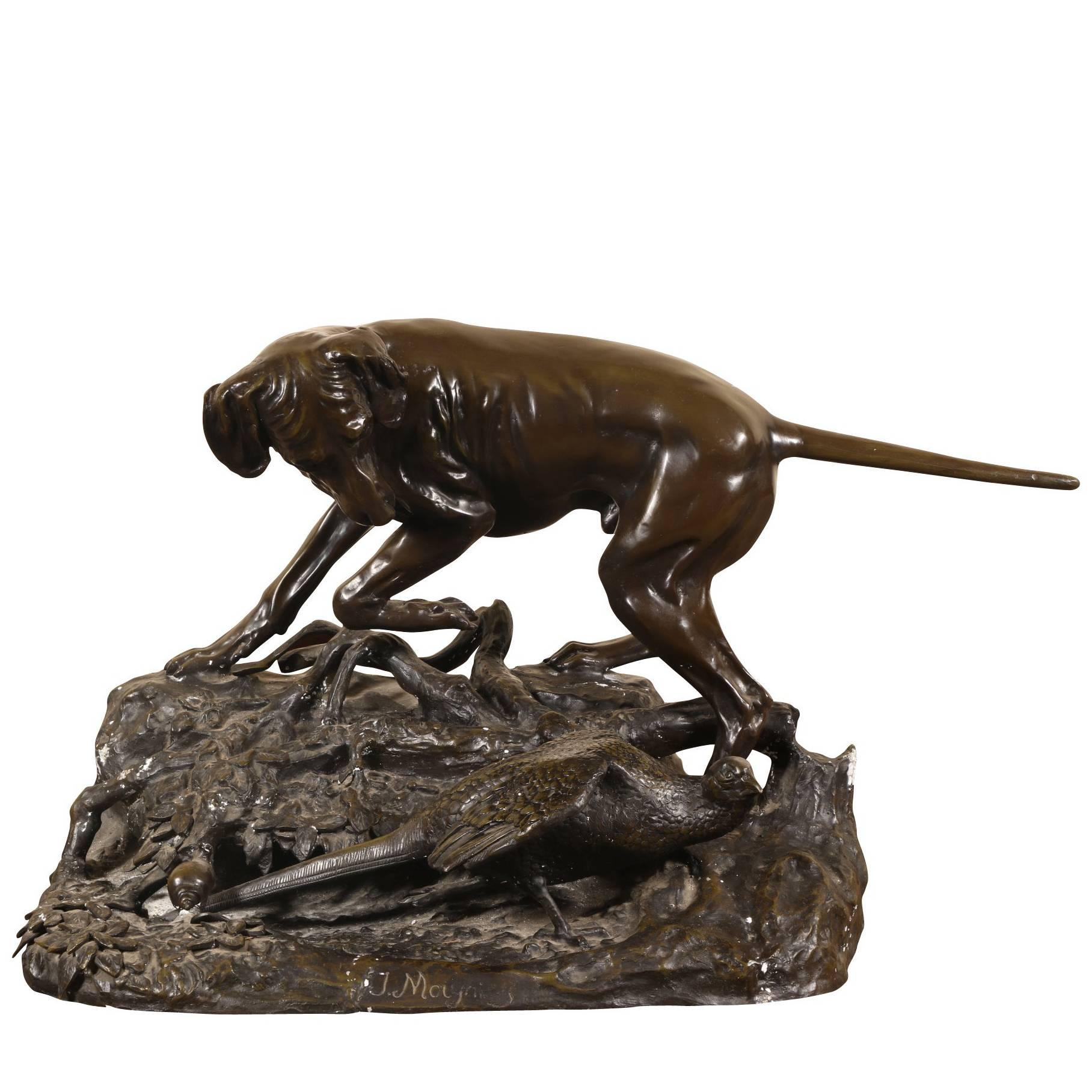 Life-Sized Patinated Bronze Statue of a Hound Hunting a Pheasant