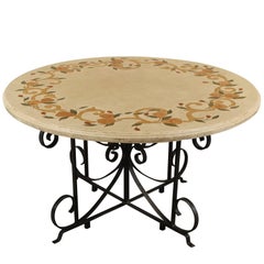 Dining Table with Marble Inlay Top and Wrought Iron Base