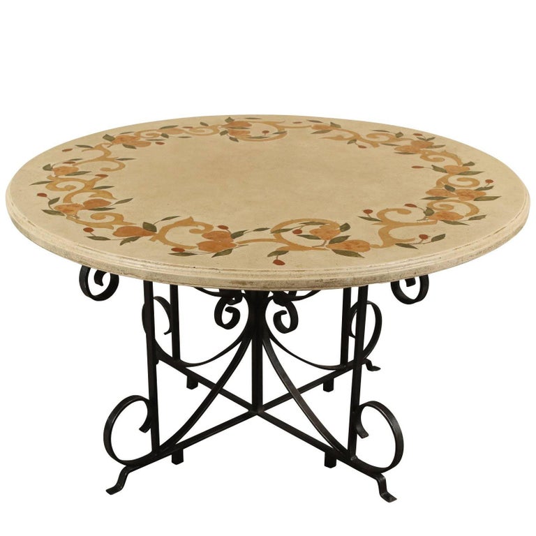 Dining Table with Marble Inlay Top and Wrought Iron Base For Sale at
