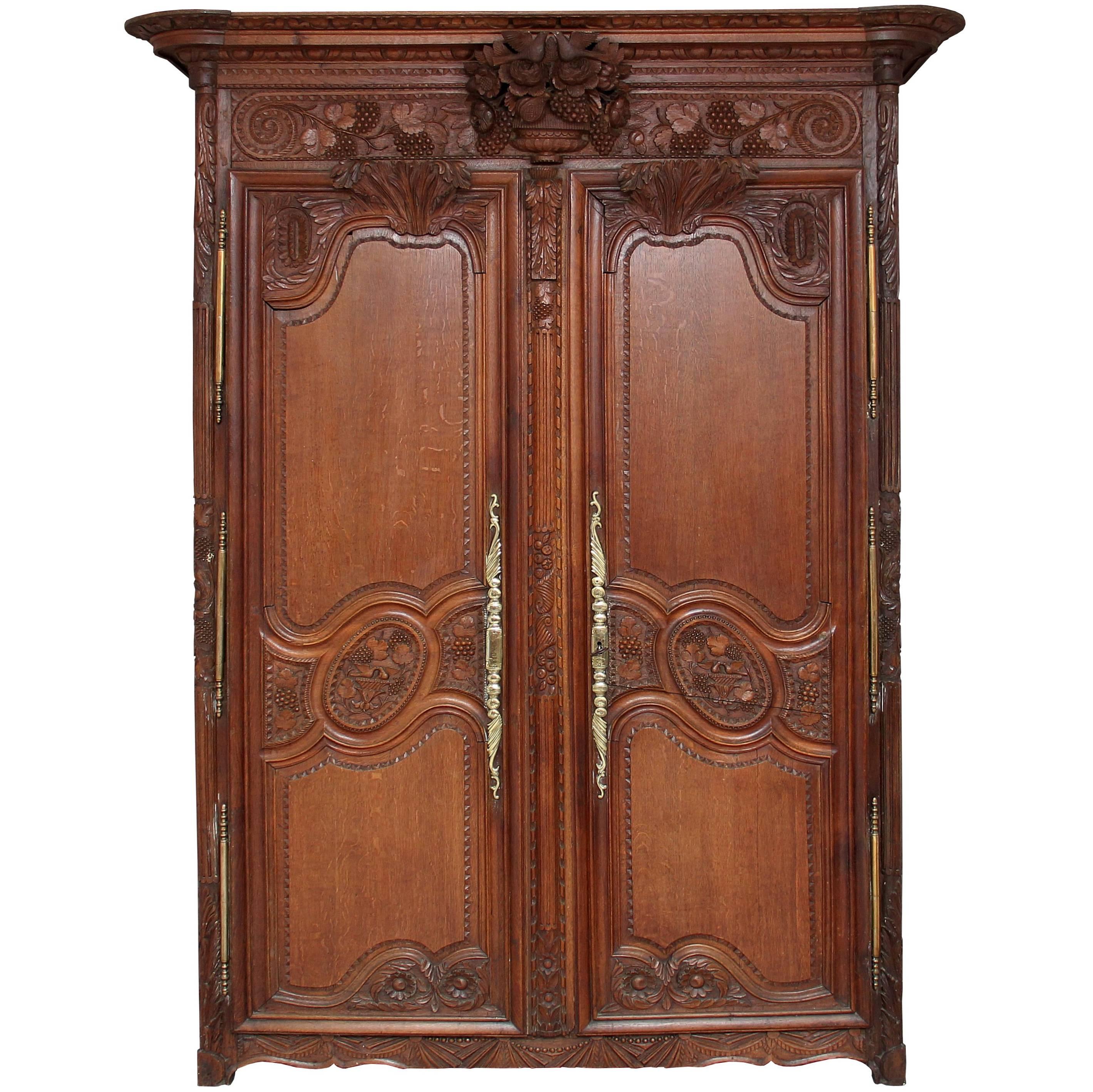 19th Century French Carved Oak Marriage Armoire