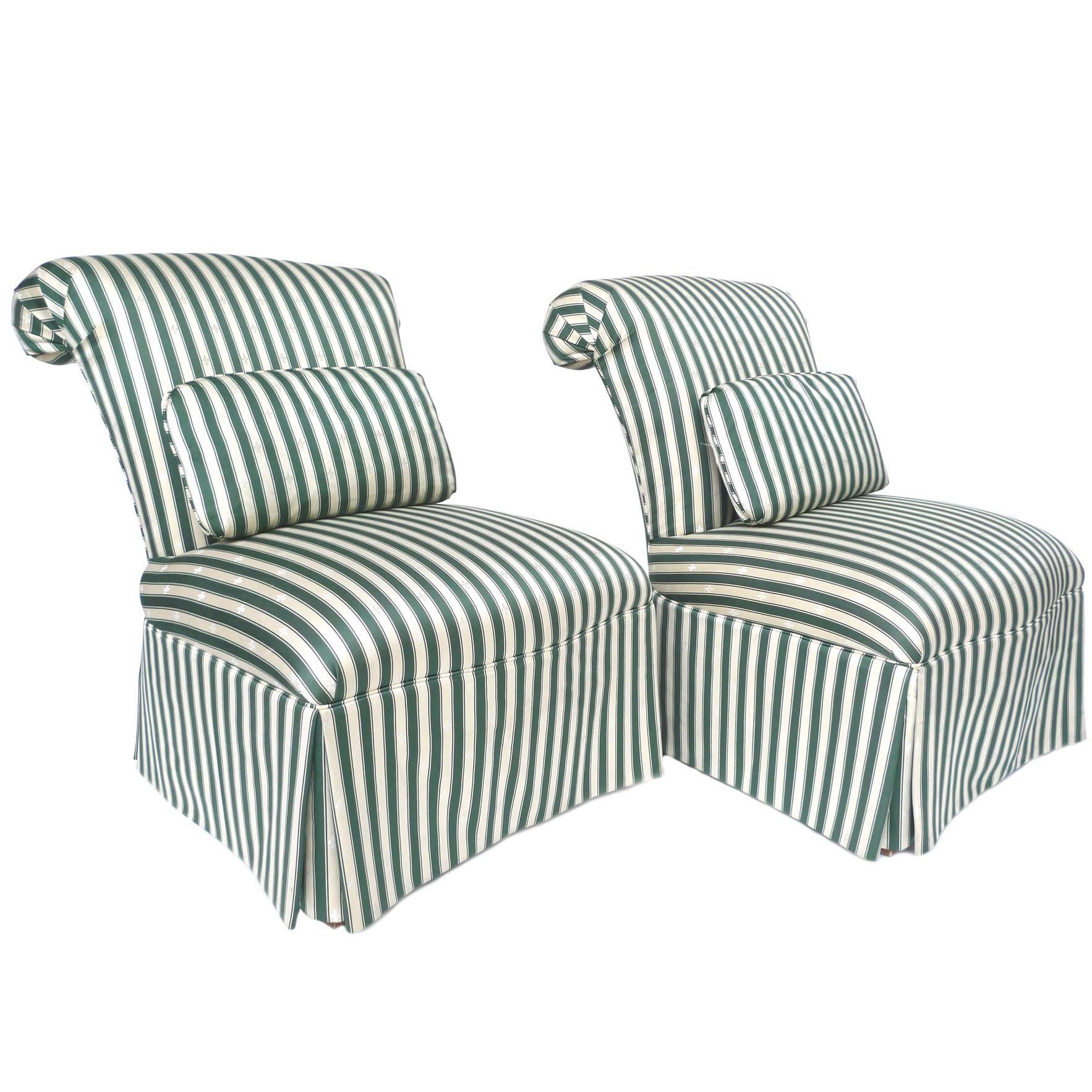 Pair of Henredon Striped Silk Slipper Chairs