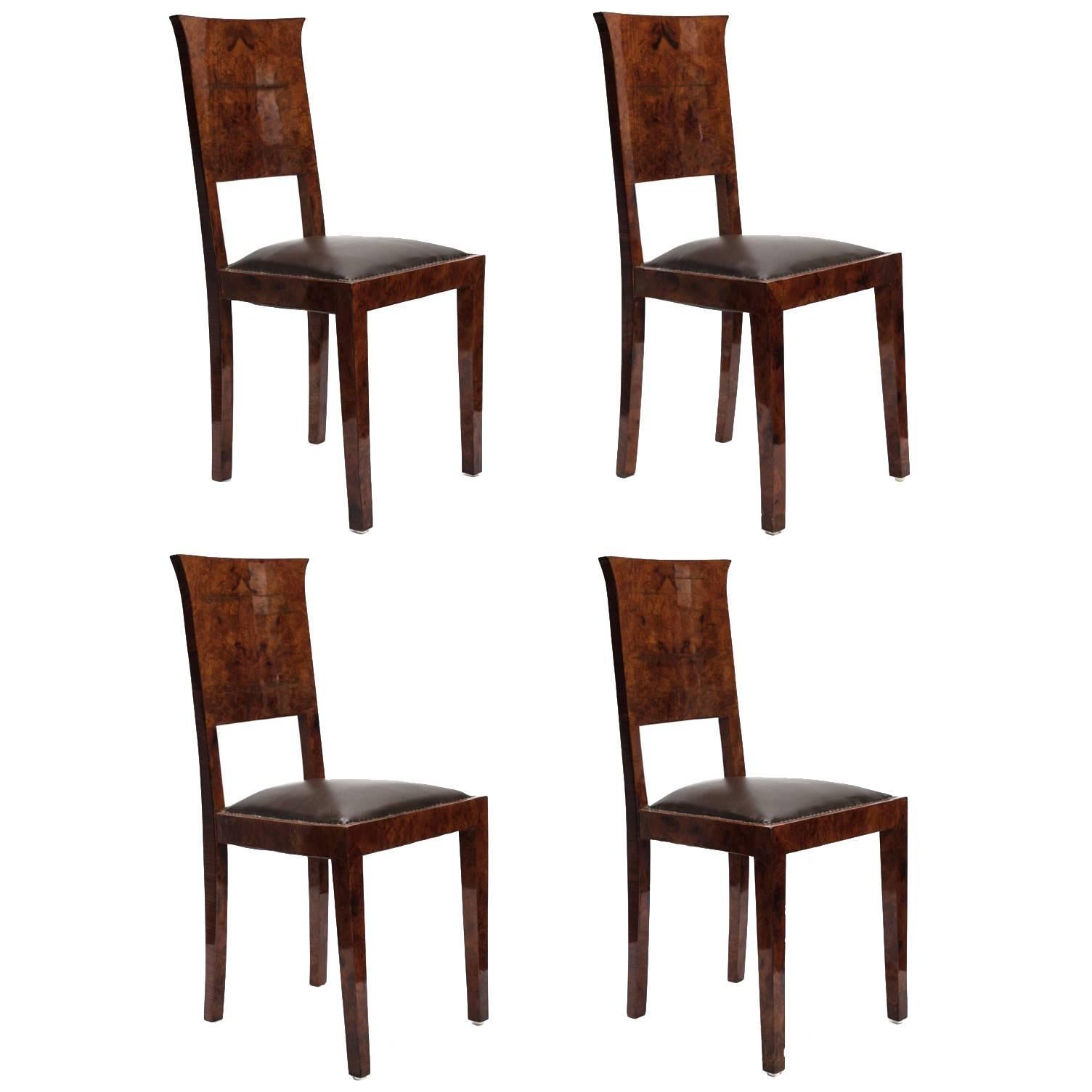 Set of Four Burl and Leather Dining Chairs For Sale