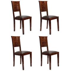 Set of Four Burl and Leather Dining Chairs