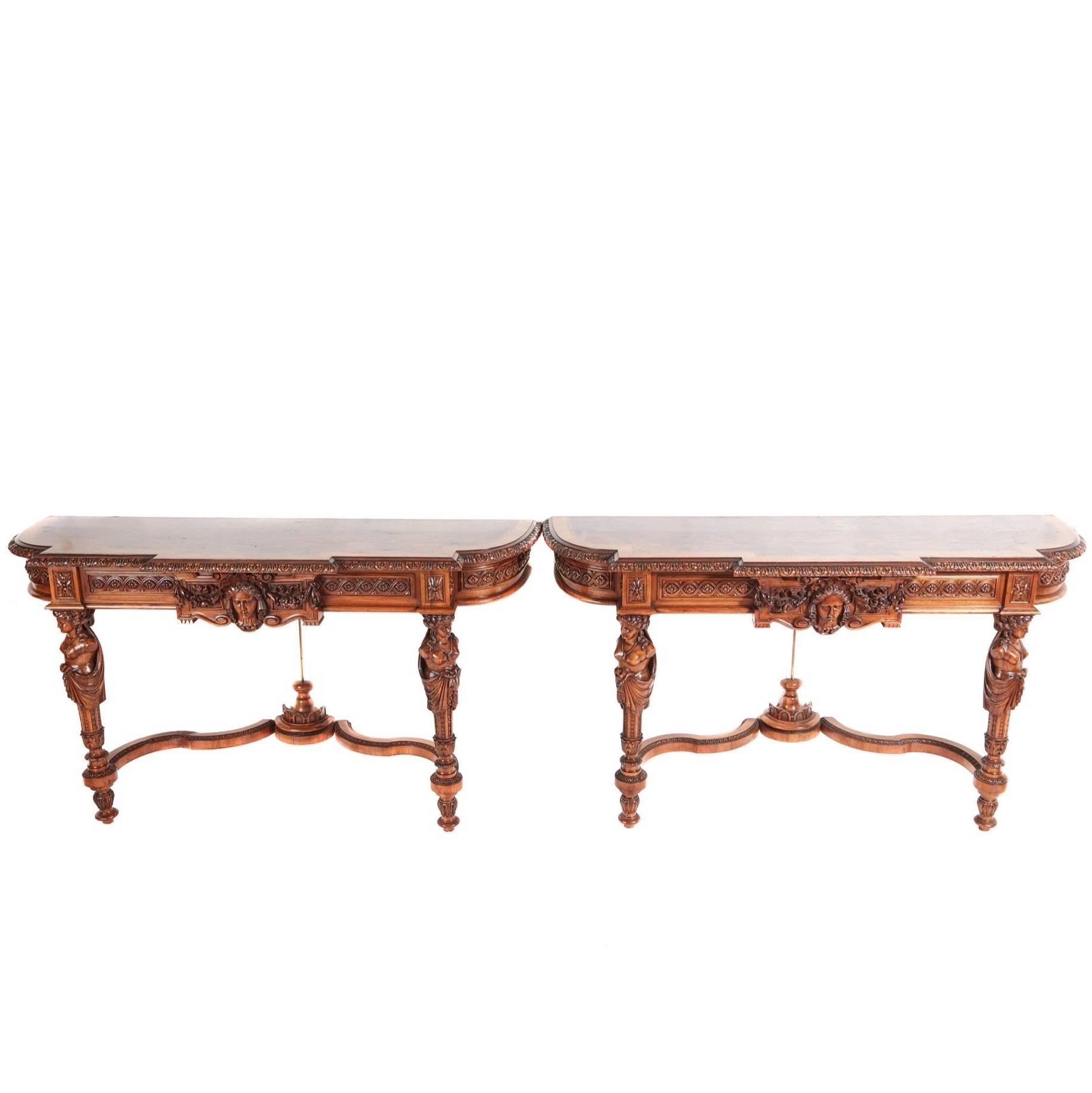Fine and Rare Pair of French Carved Walnut Console Tables