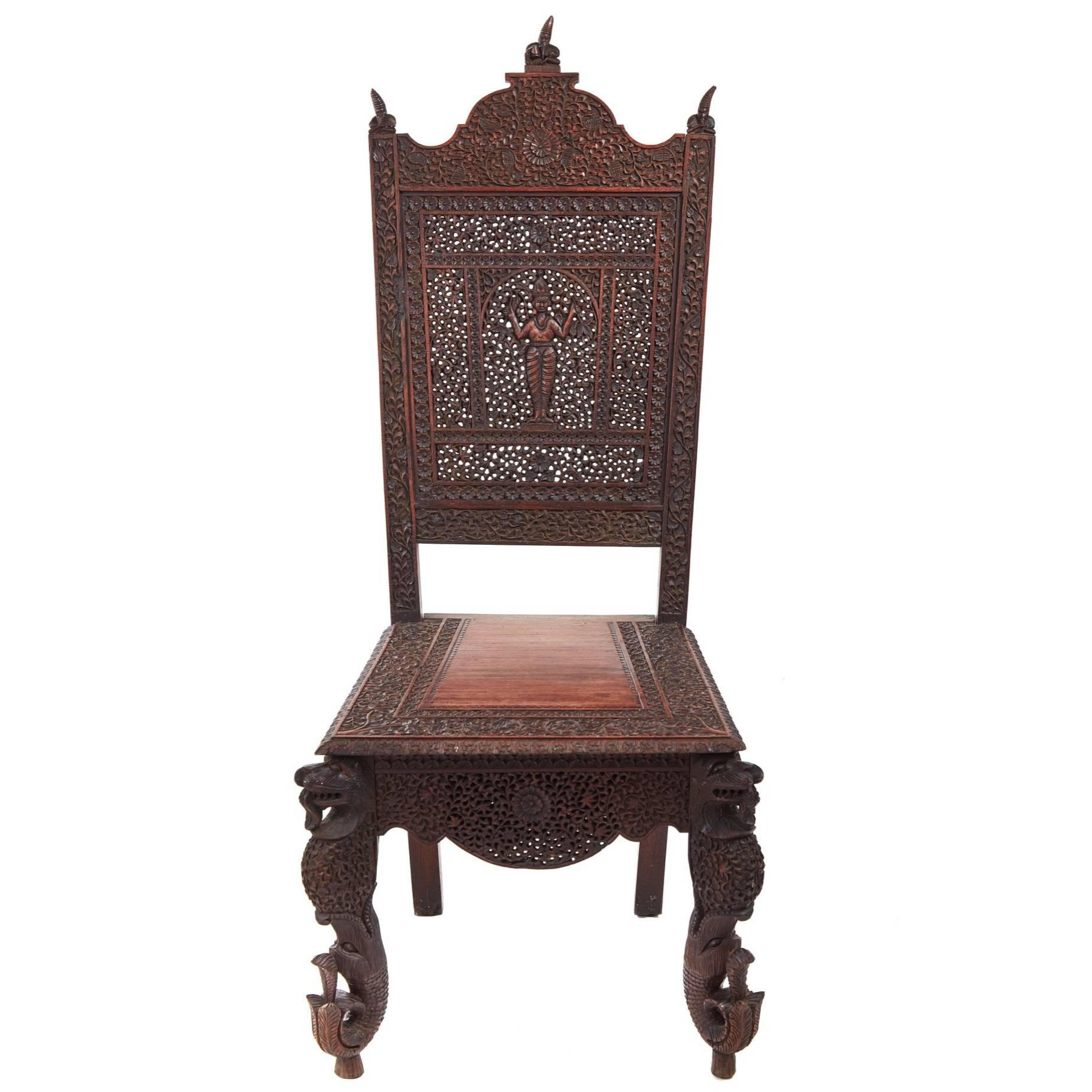 Unusual Profusely Pierced Carved Indian Rosewood Side Chair For Sale