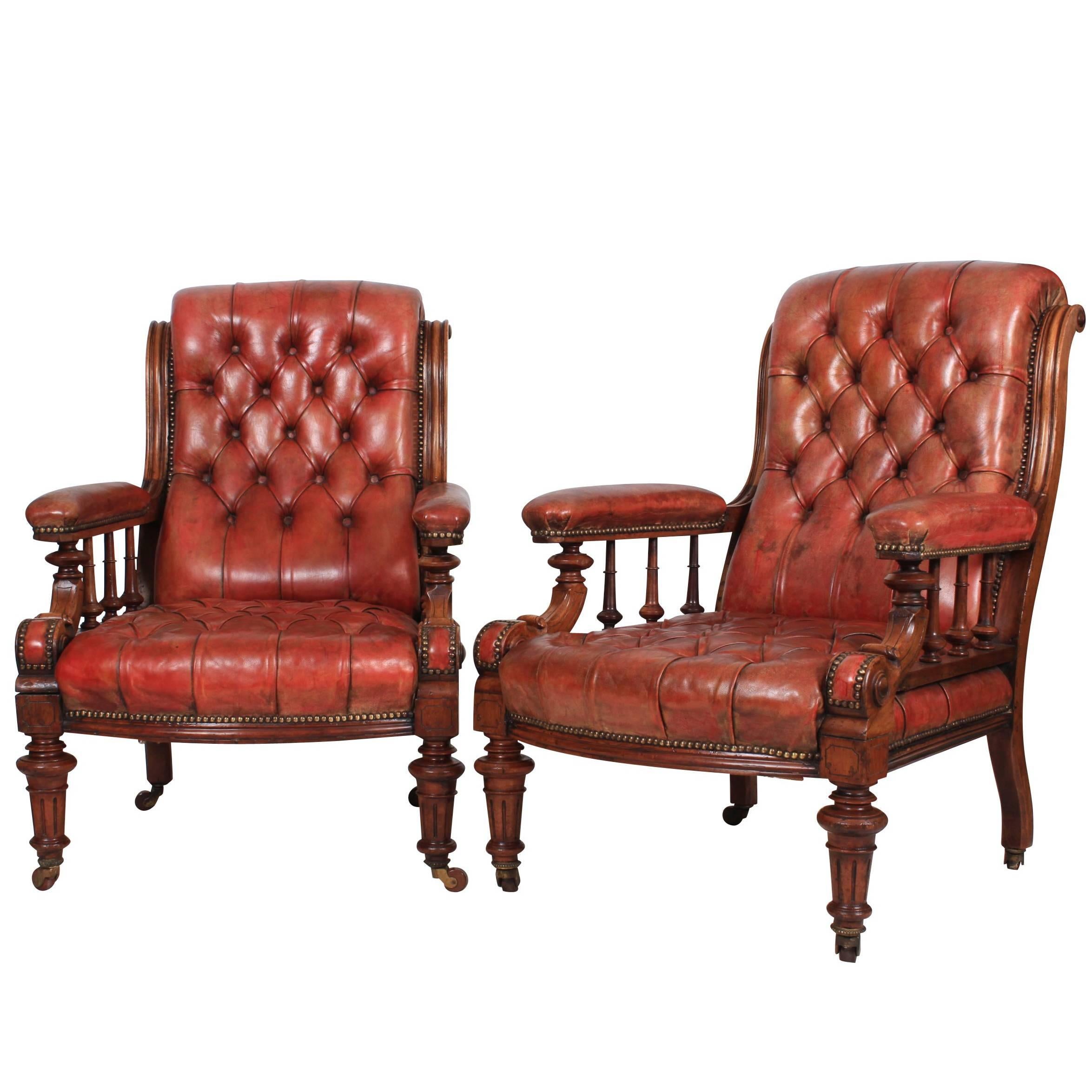 Superb Pair of Walnut and Leather Library Chairs