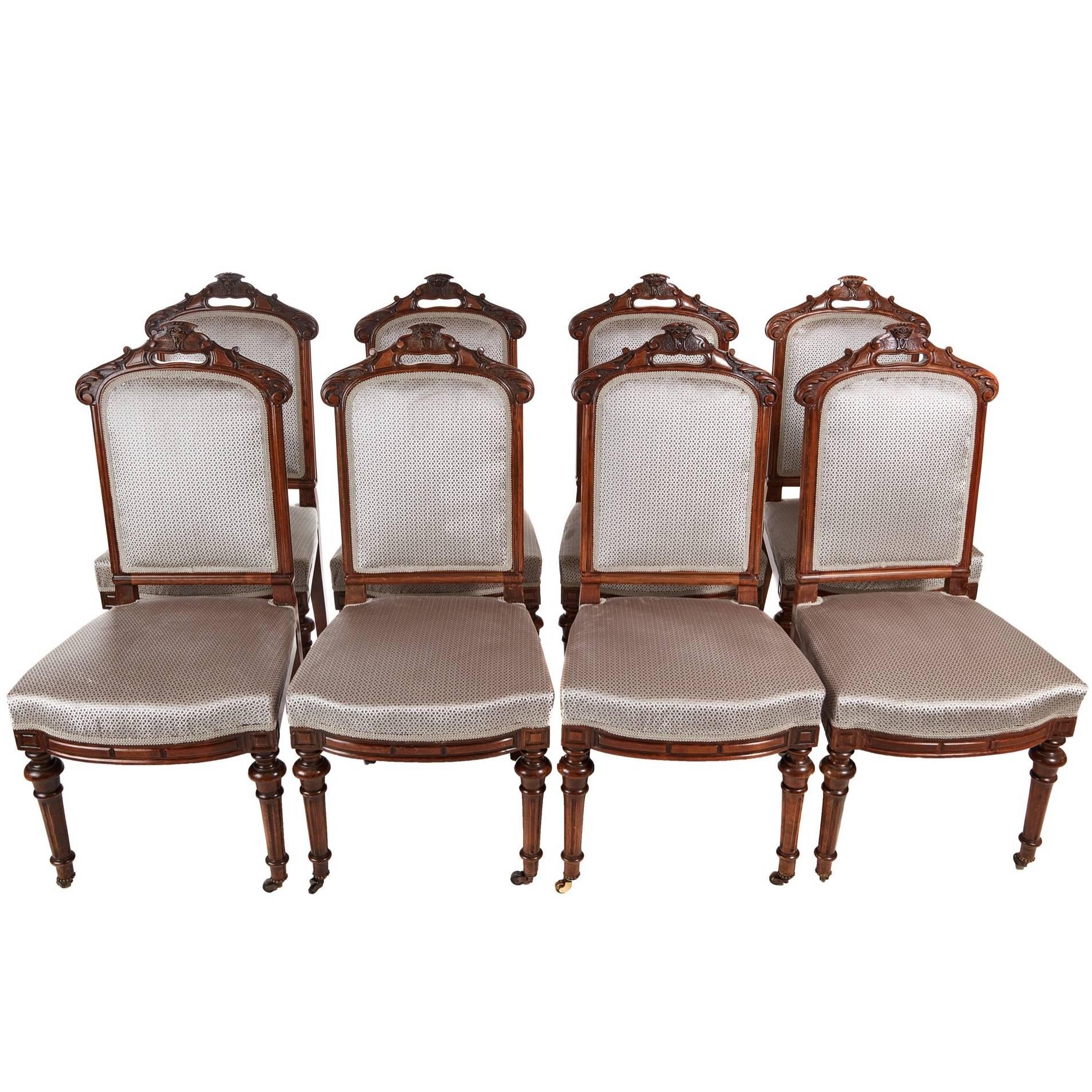 Fine Set of Eight Victorian Carved Walnut Dining Chairs