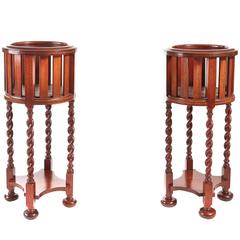 Antique Unusual Matched Pair of Mahogany Inlaid Jardinière Stands