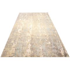 Modern Rug, Contemporary and Abstract Design in Silk and Wool Blue, Beige