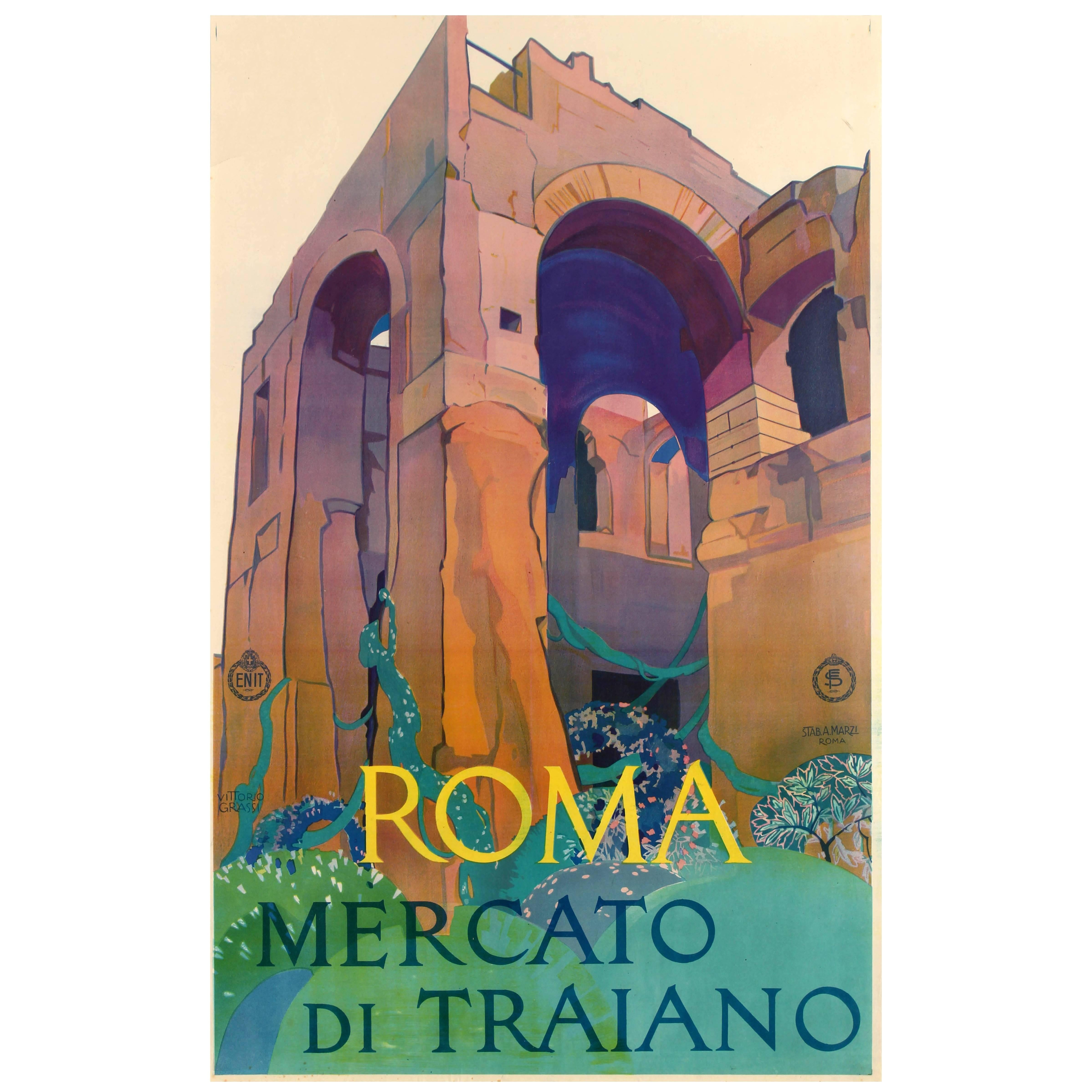 Affiche de voyage originale de l'ENIT - Marché troyen Mercato di Traiano, Rome, Italie en vente