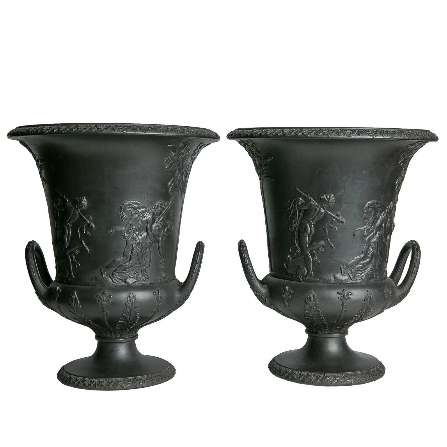 Pair Wedgwood Black Basalt Urns Neoclassical Decoration Made England circa 1840
