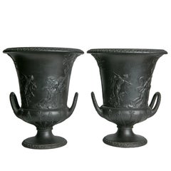 Pair Wedgwood Black Basalt Urns Neoclassical Decoration Made England circa 1840