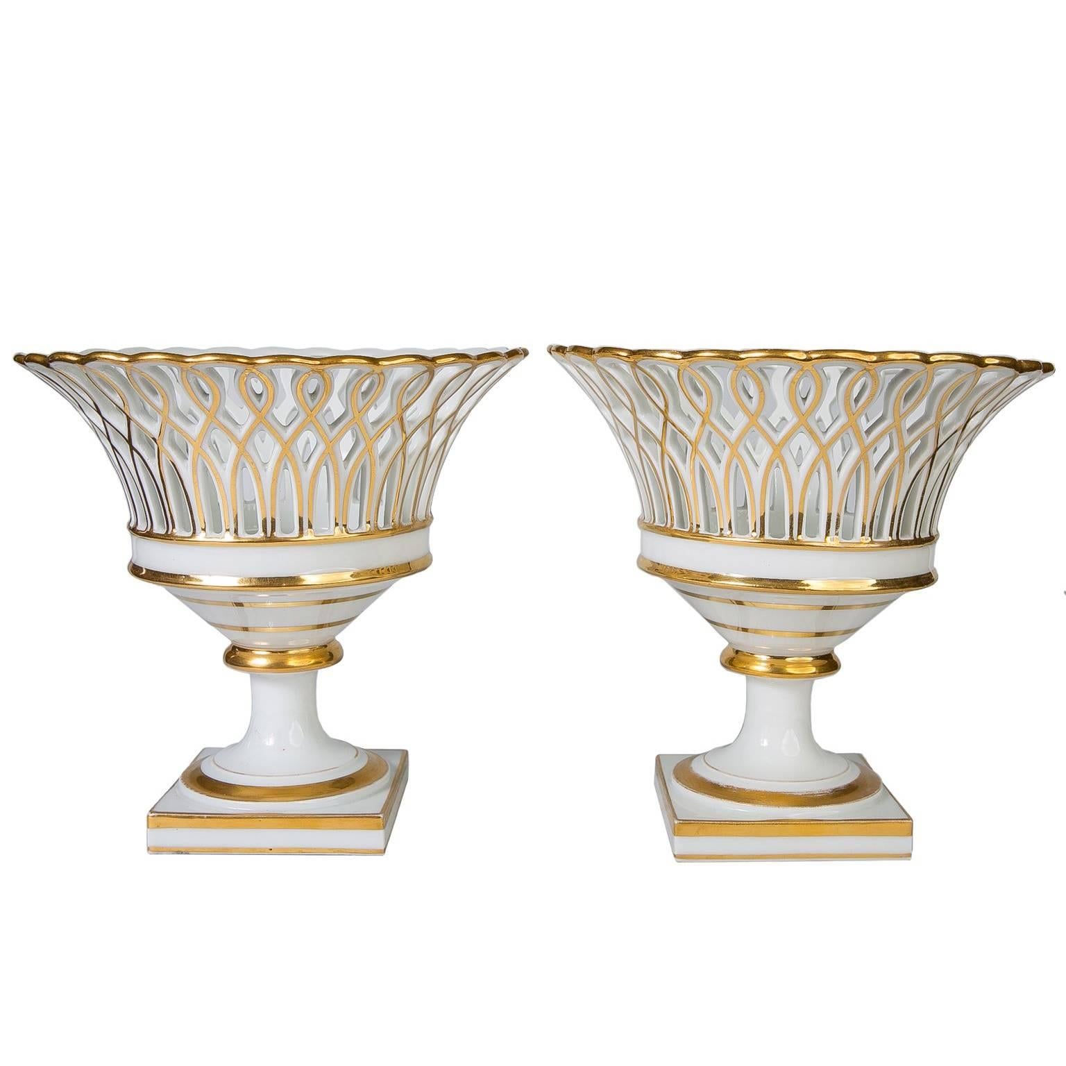 Pair of Antique French Porcelain Gilded Baskets 'Corbeilles'