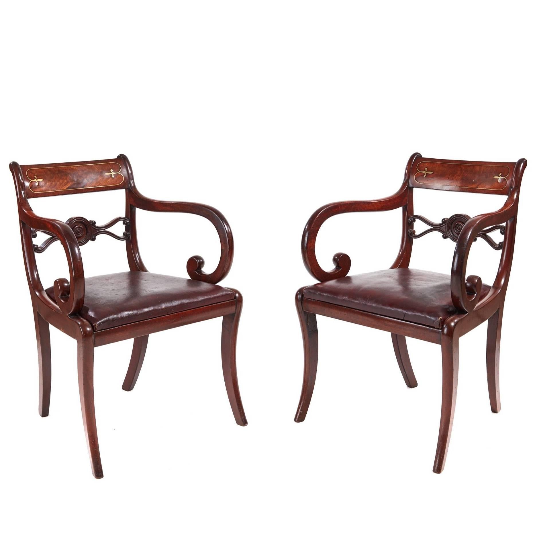 Fine Pair of Regency Brass Inlaid Elbow Chairs